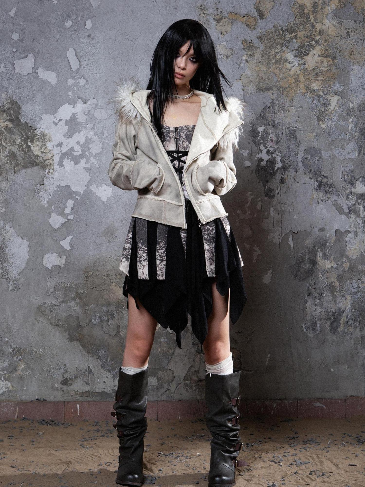 ARIADNAw Y2K Punk Sporty Cropped Jacket With Fur Trim 70% Acrylic 30% Polyester