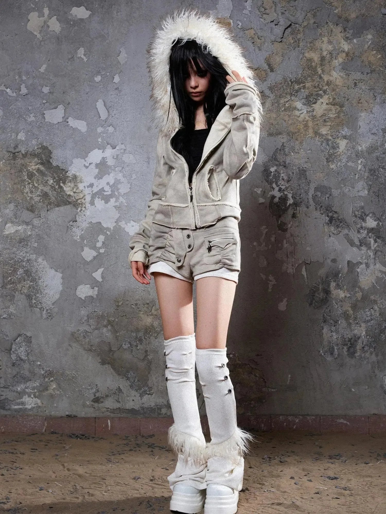 Y2K Punk Sporty Cropped Jacket With Fur Trim 70% Acrylic 30% Polyester