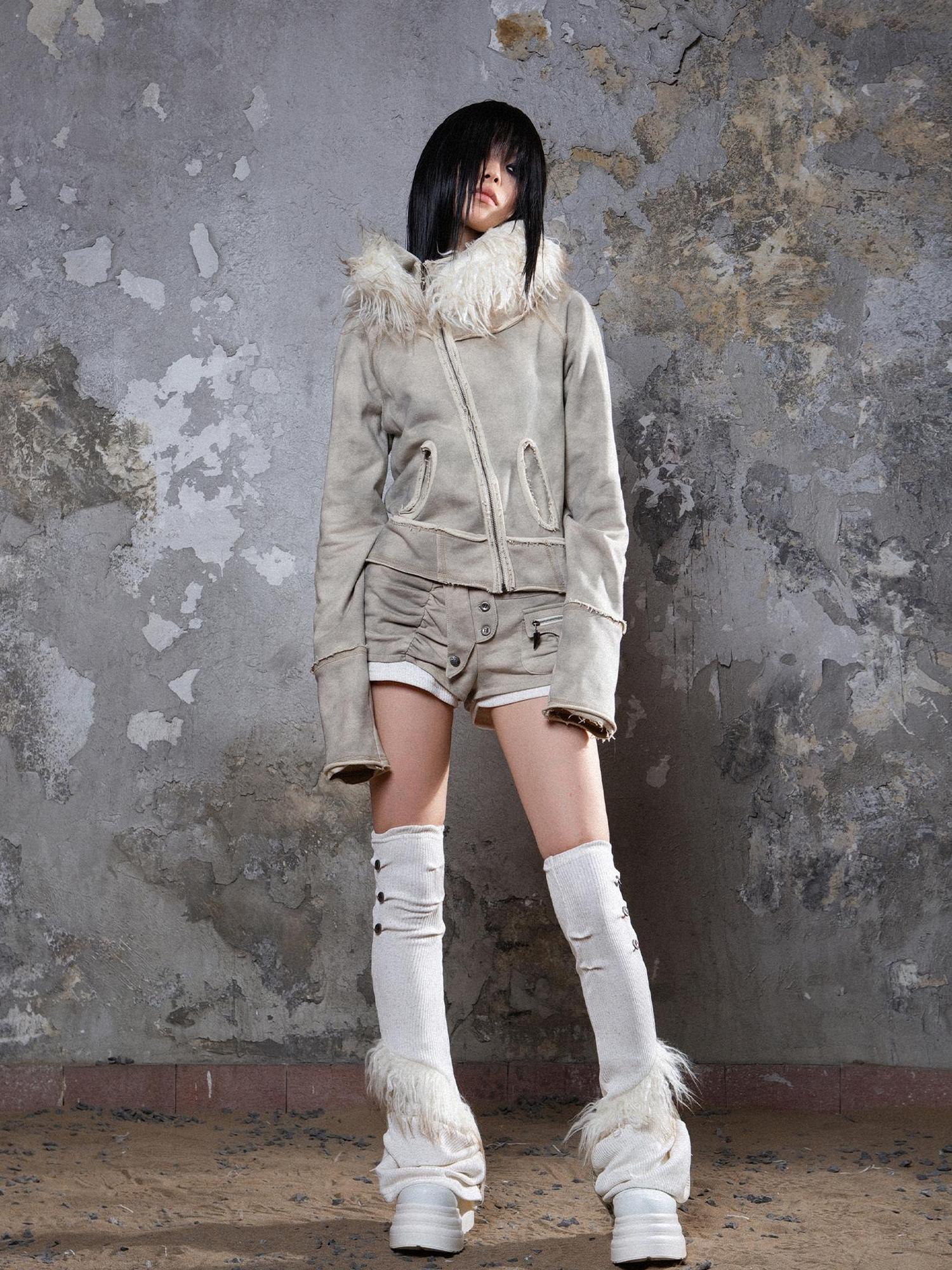 ARIADNAw Y2K Punk Sporty Cropped Jacket With Fur Trim 70% Acrylic 30% Polyester