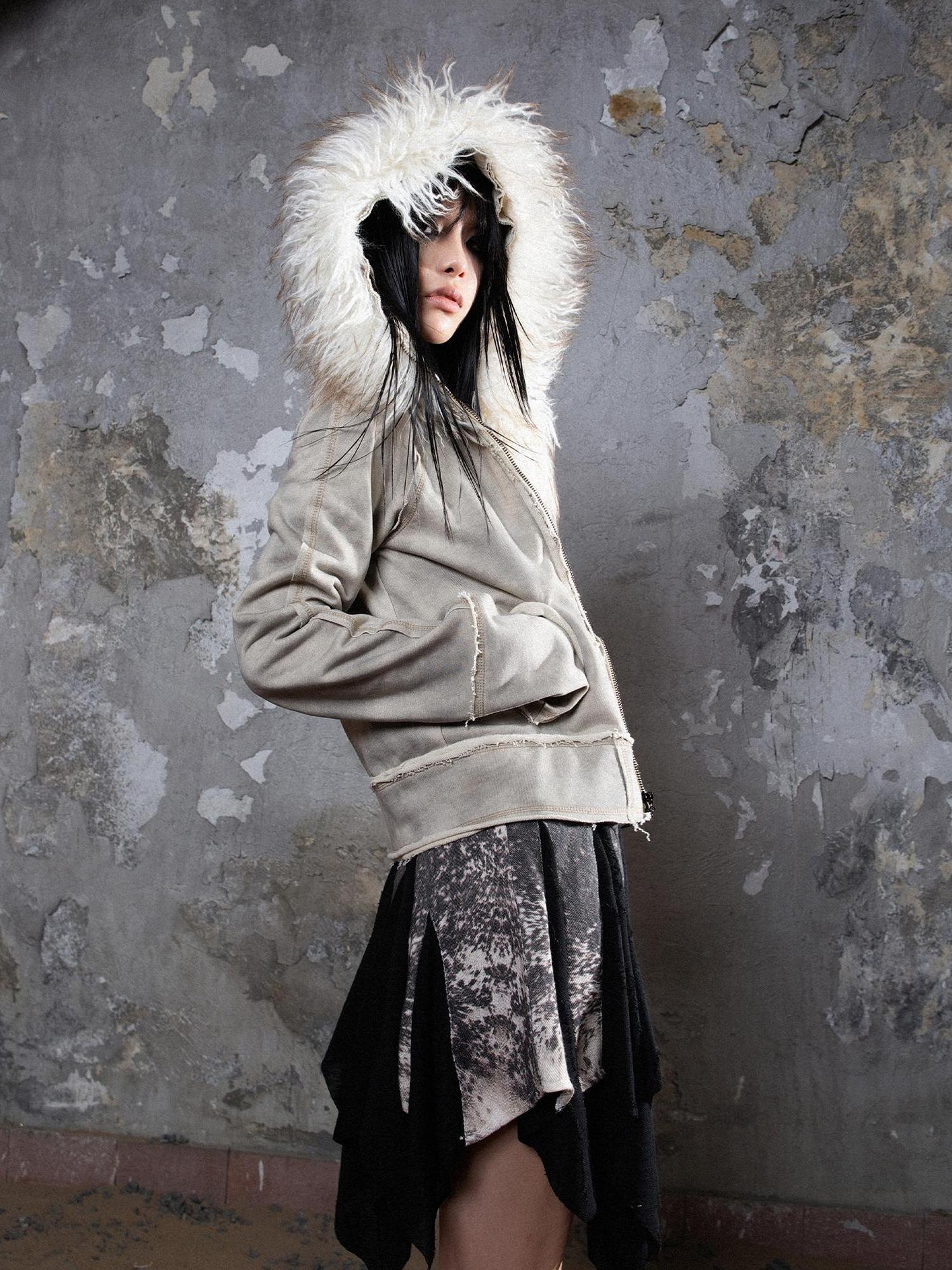 ARIADNAw Y2K Punk Sporty Cropped Jacket With Fur Trim 70% Acrylic 30% Polyester