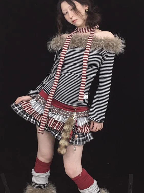 Y2K Red Striped Scarf For Girls All-Season Fashion Scarf