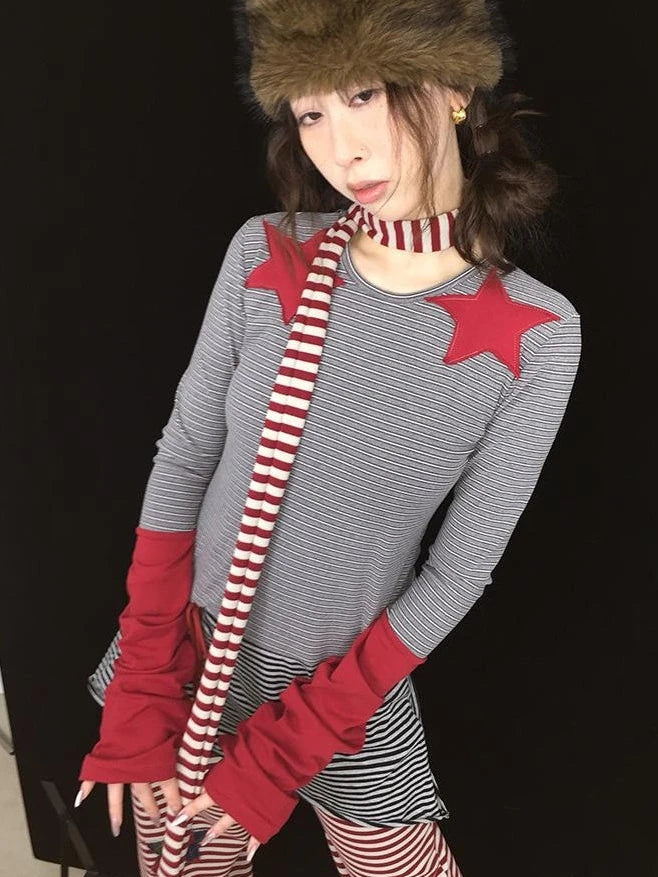 Y2K Red Striped Scarf For Girls All-Season Fashion Scarf