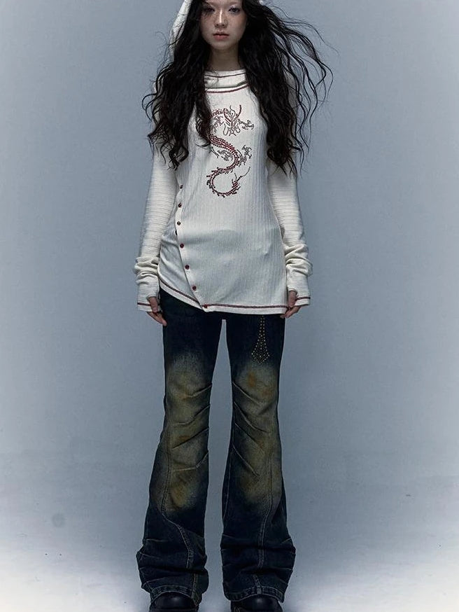 Y2K Retro Hooded Rhinestone T-Shirt