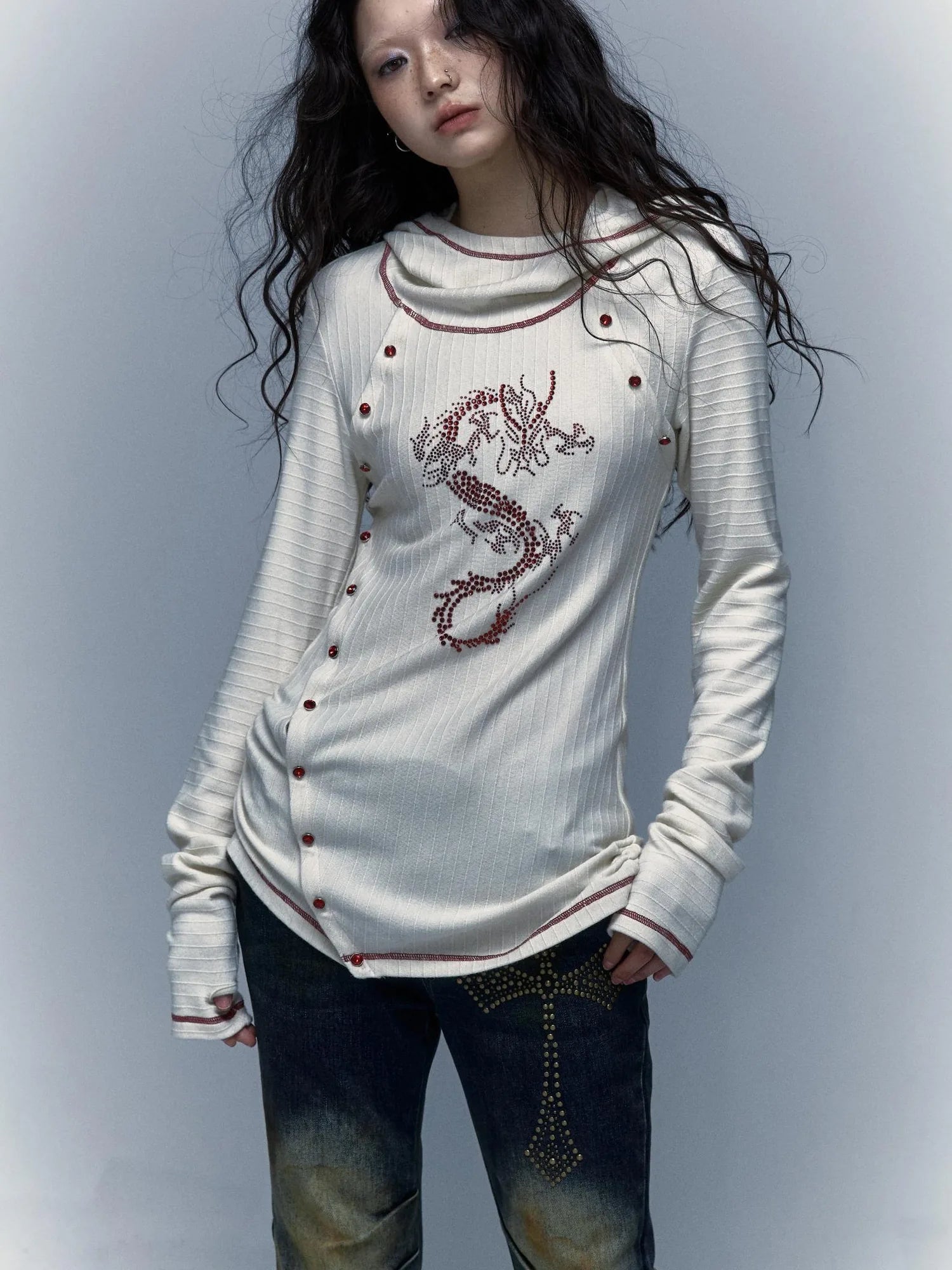 Y2K Retro Hooded Rhinestone T-Shirt