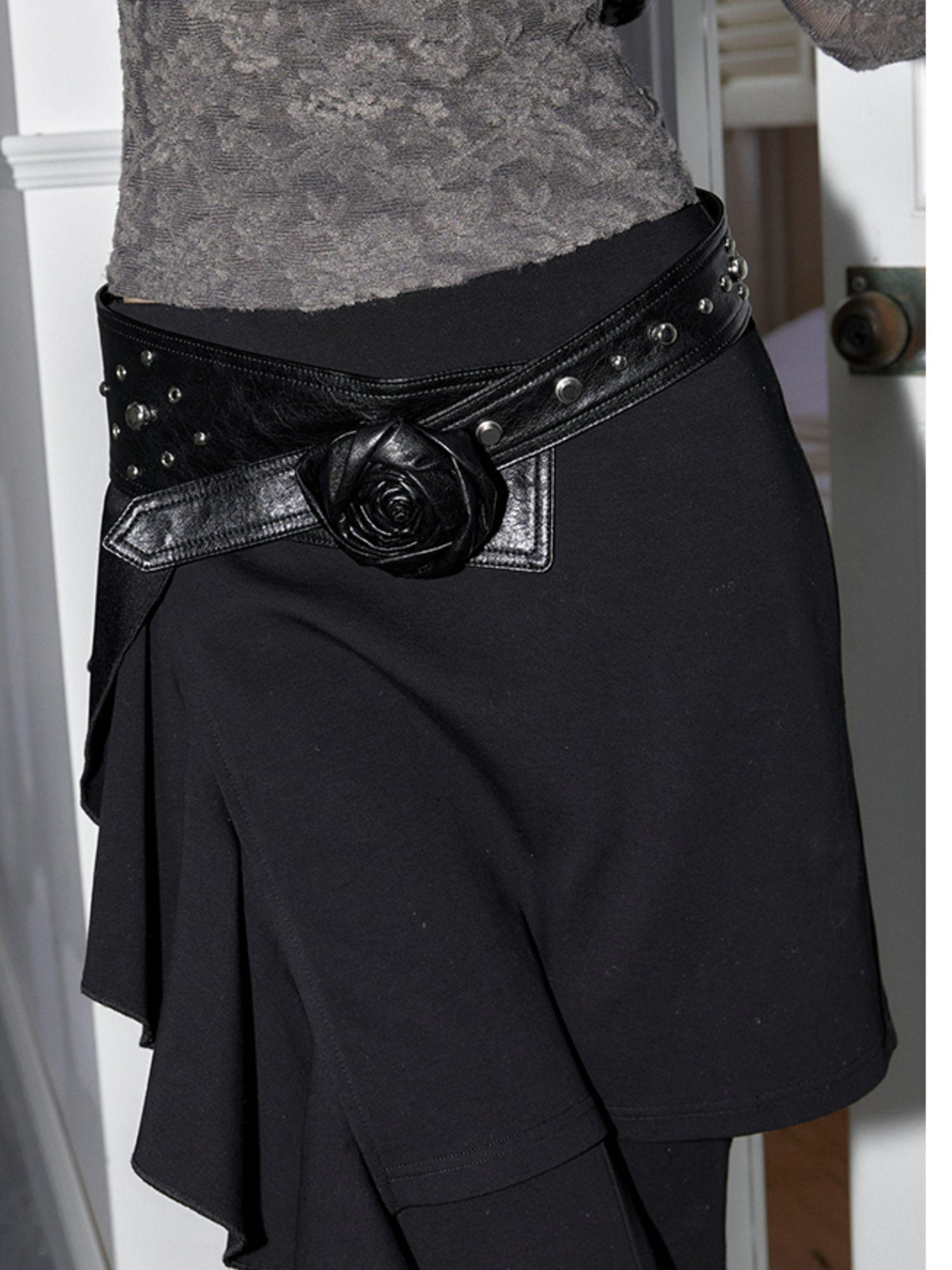 2th Desire Y2K Silver Wide Belt With Rose Design & Studs Waistband