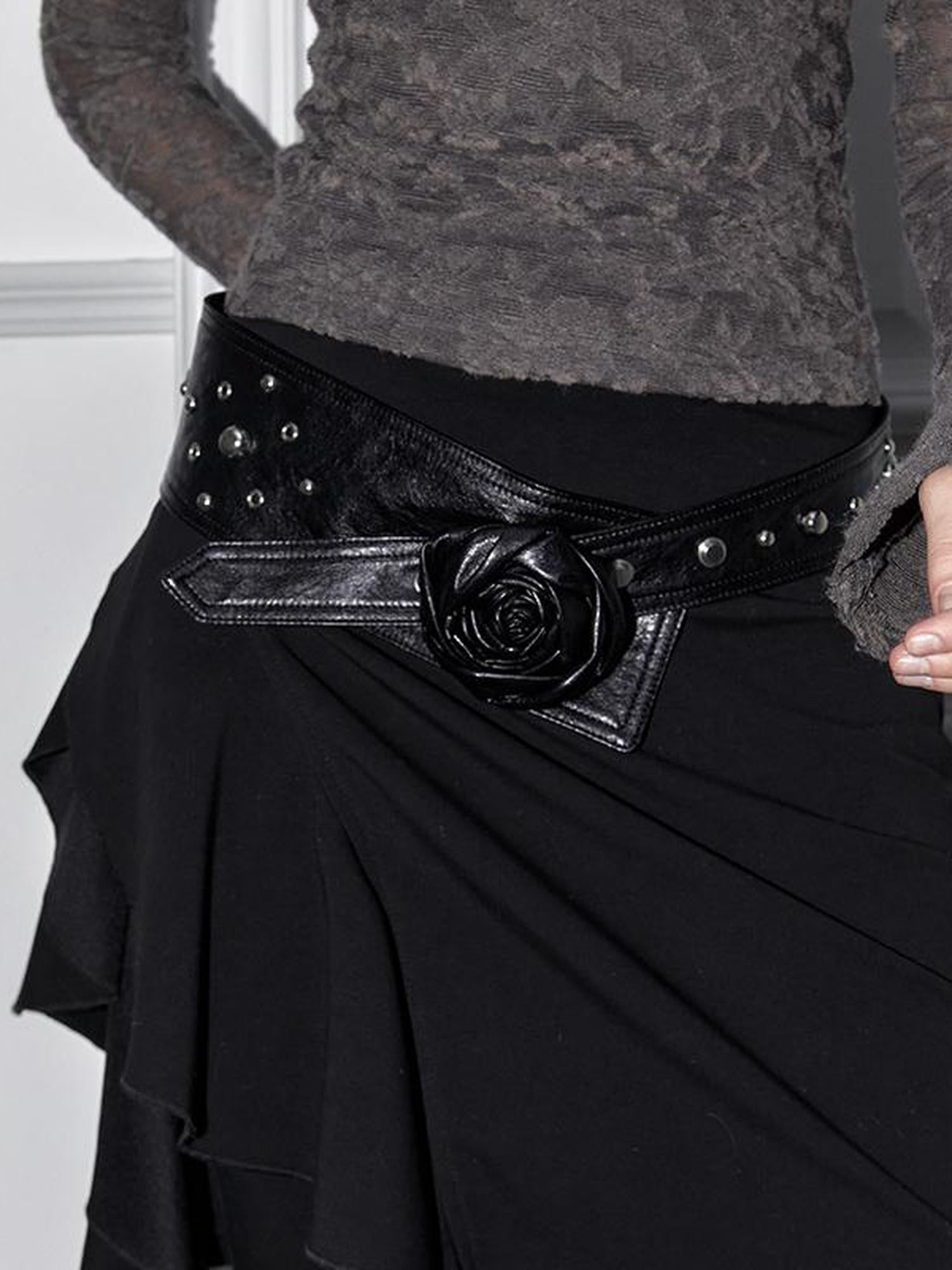 2th Desire Y2K Silver Wide Belt With Rose Design & Studs Waistband