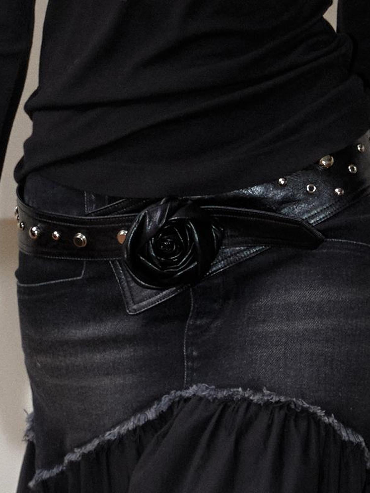 2th Desire Y2K Silver Wide Belt With Rose Design & Studs Waistband