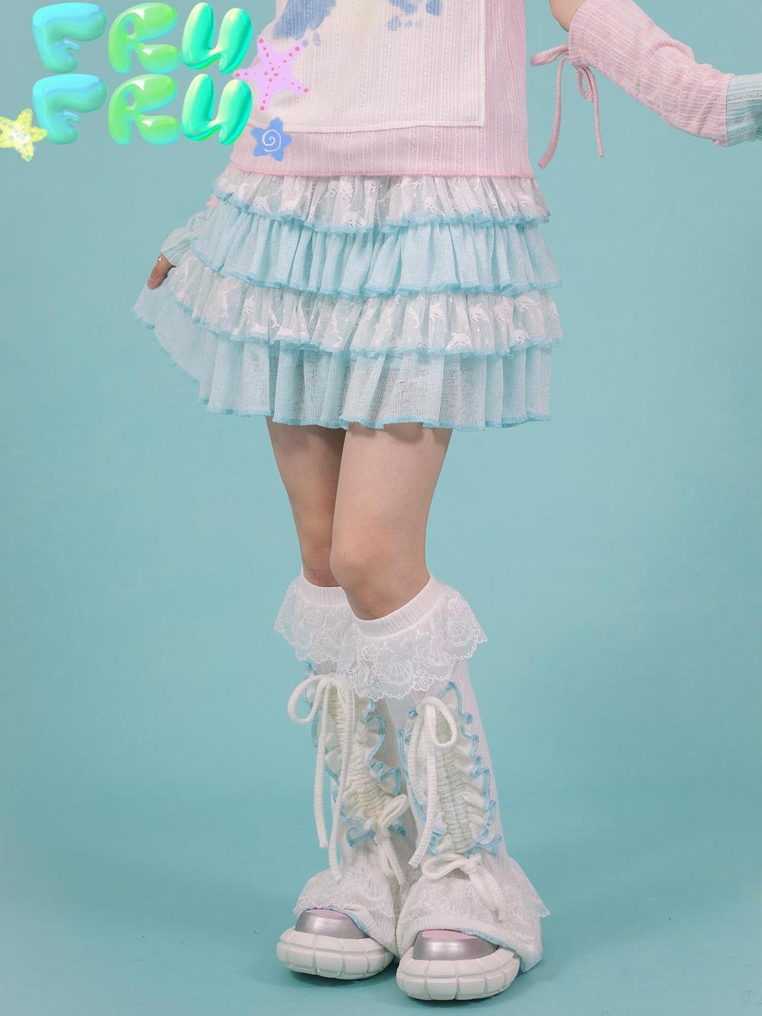 Frufru Gulu Y2K Summer Blue Lace Ruffled Cake Puff Dress