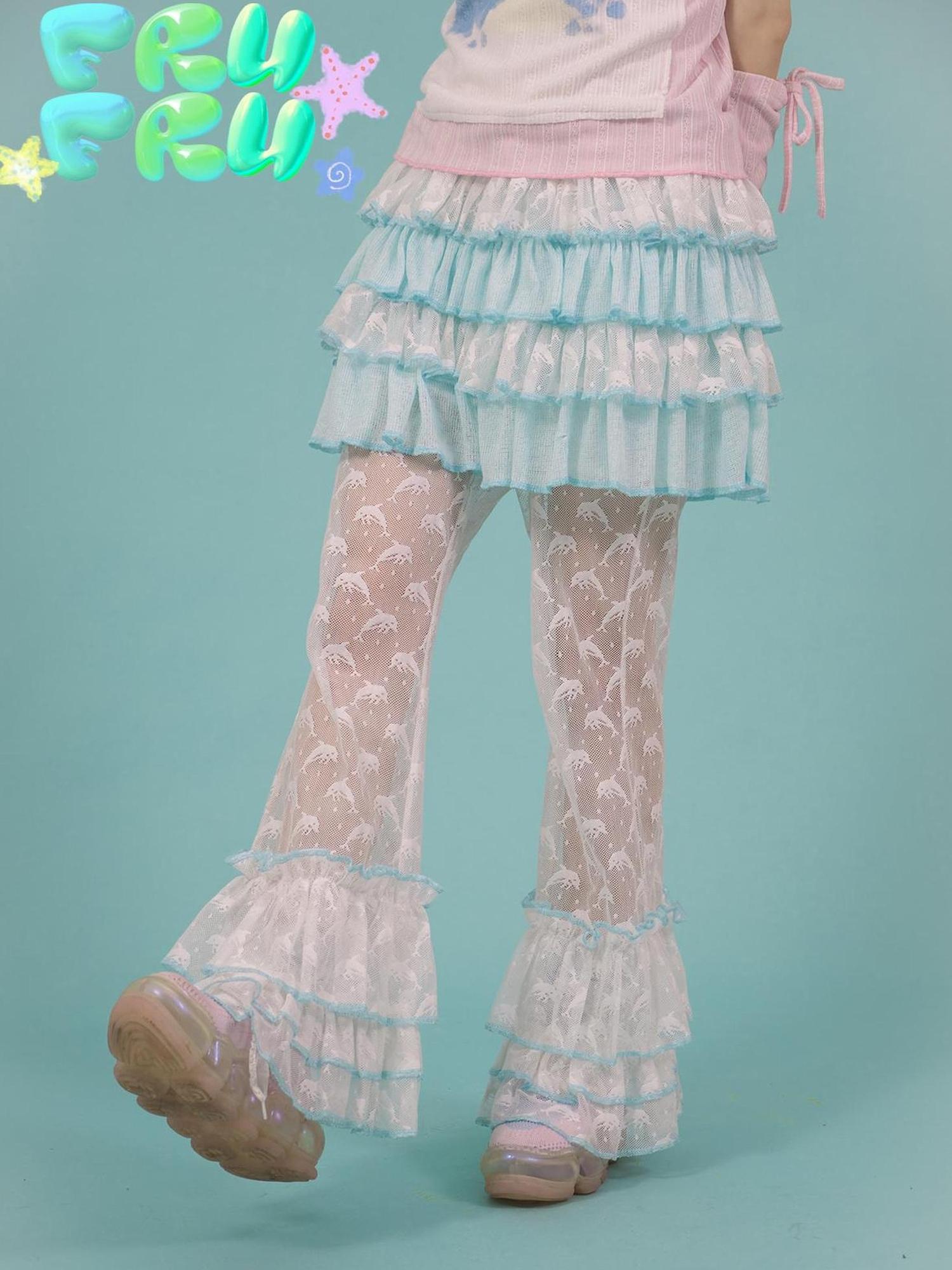 Frufru Gulu Y2K Summer Blue Lace Ruffled Cake Puff Dress