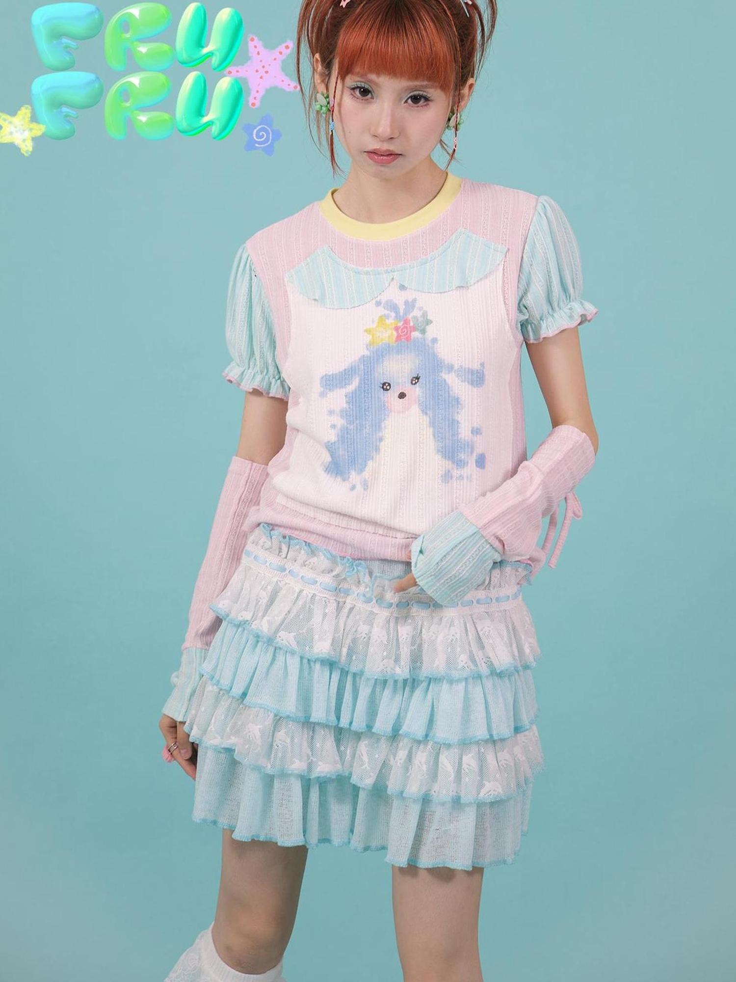 Frufru Gulu Y2K Summer Blue Lace Ruffled Cake Puff Dress