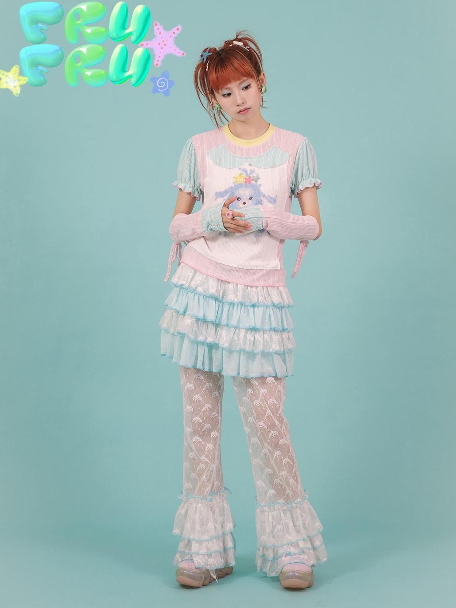 Frufru Gulu Y2K Summer Blue Lace Ruffled Cake Puff Dress