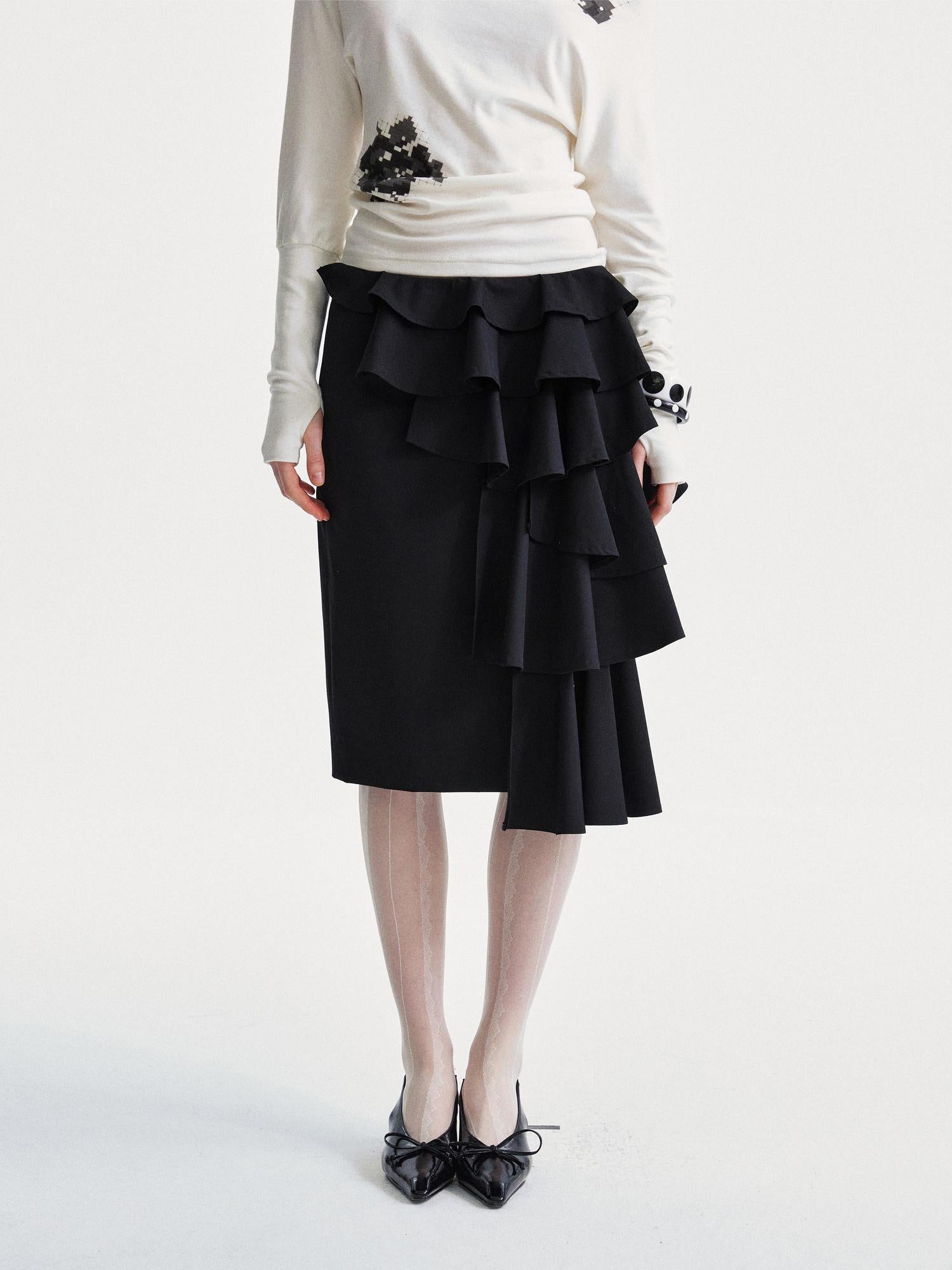 YOSHUYUKI Asymmetrical Lace Trim Black Straight Skirt