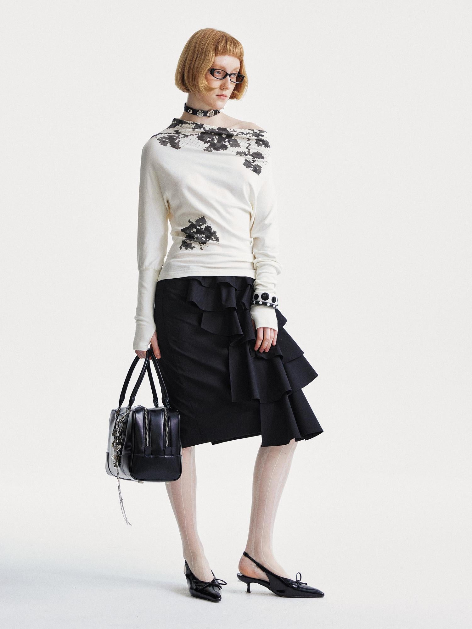 YOSHUYUKI Asymmetrical Lace Trim Black Straight Skirt