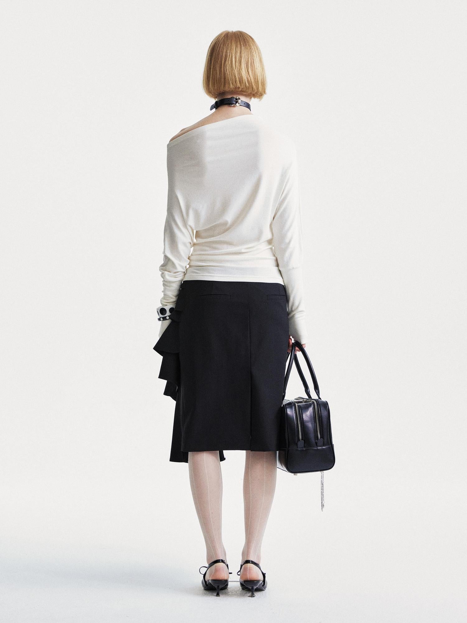 YOSHUYUKI Asymmetrical Lace Trim Black Straight Skirt