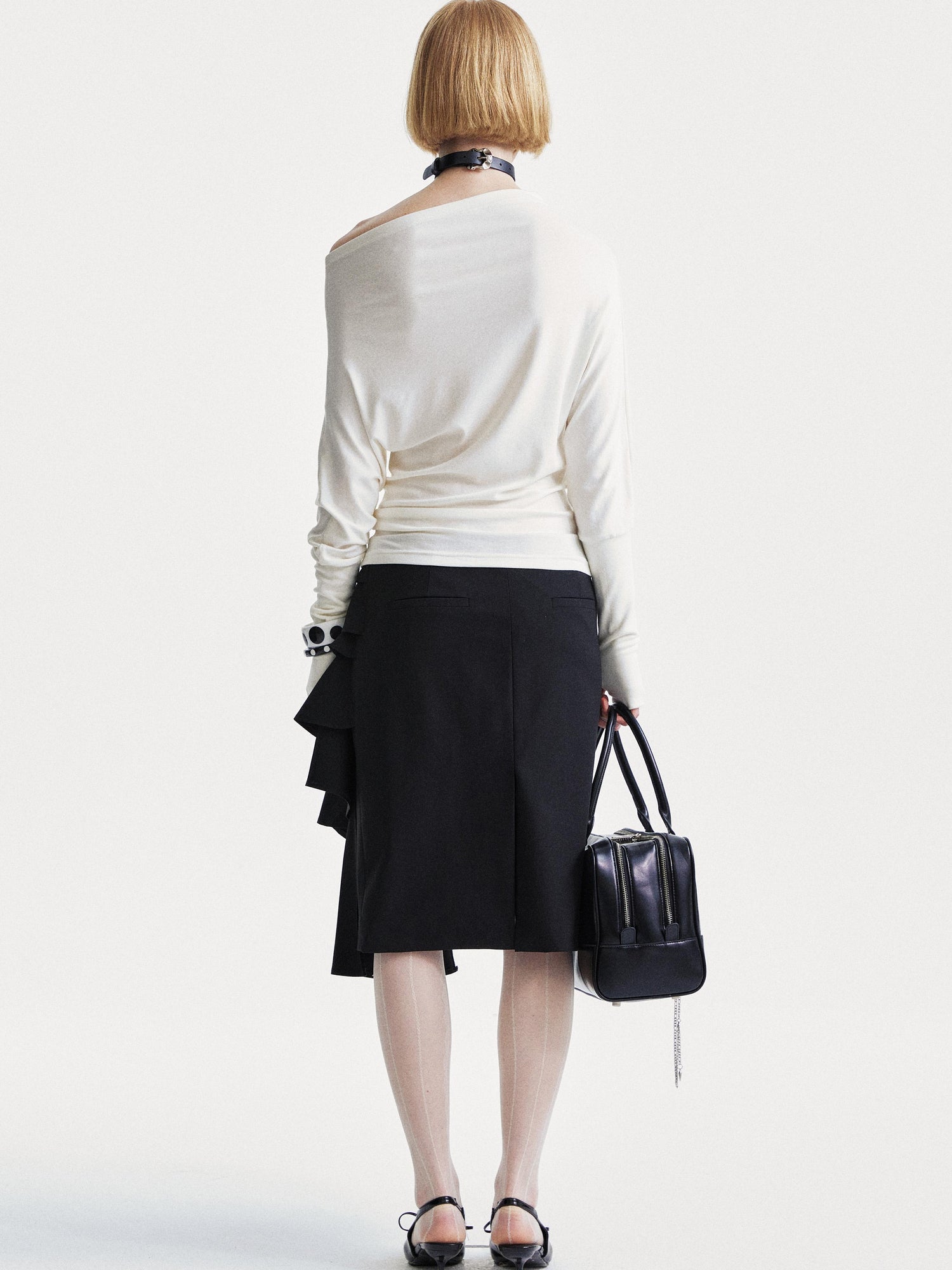 YOSHUYUKI Asymmetrical Lace Trim Black Straight Skirt