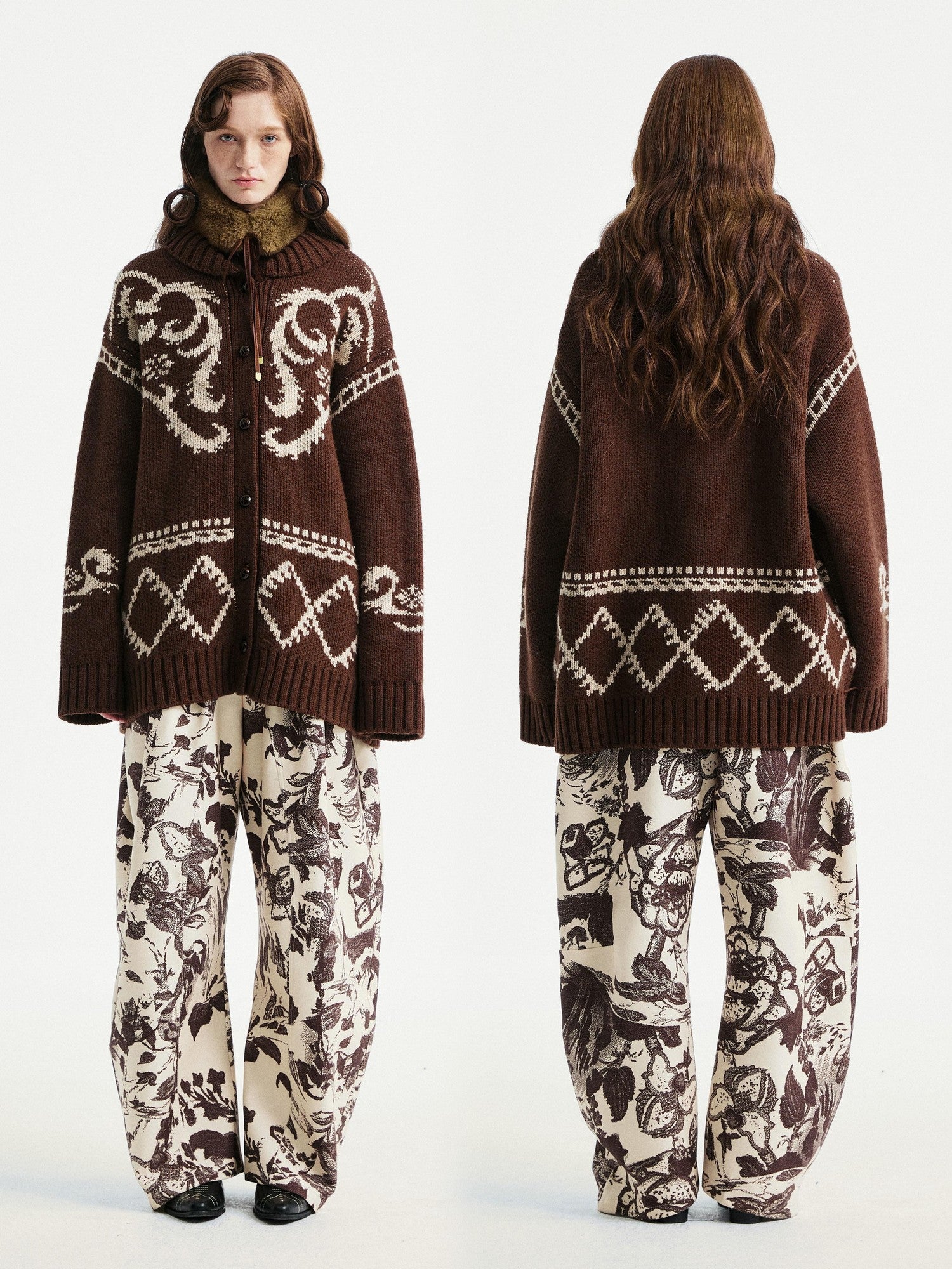 YOSHUYUKI Beige Floral Print Curved Cut Women&