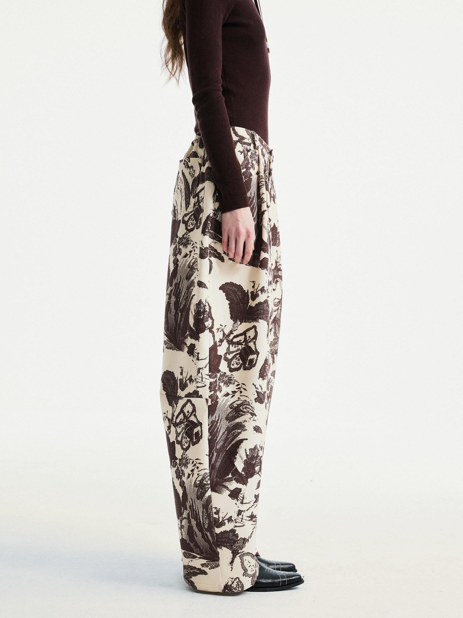 YOSHUYUKI Beige Floral Print Curved Cut Women&