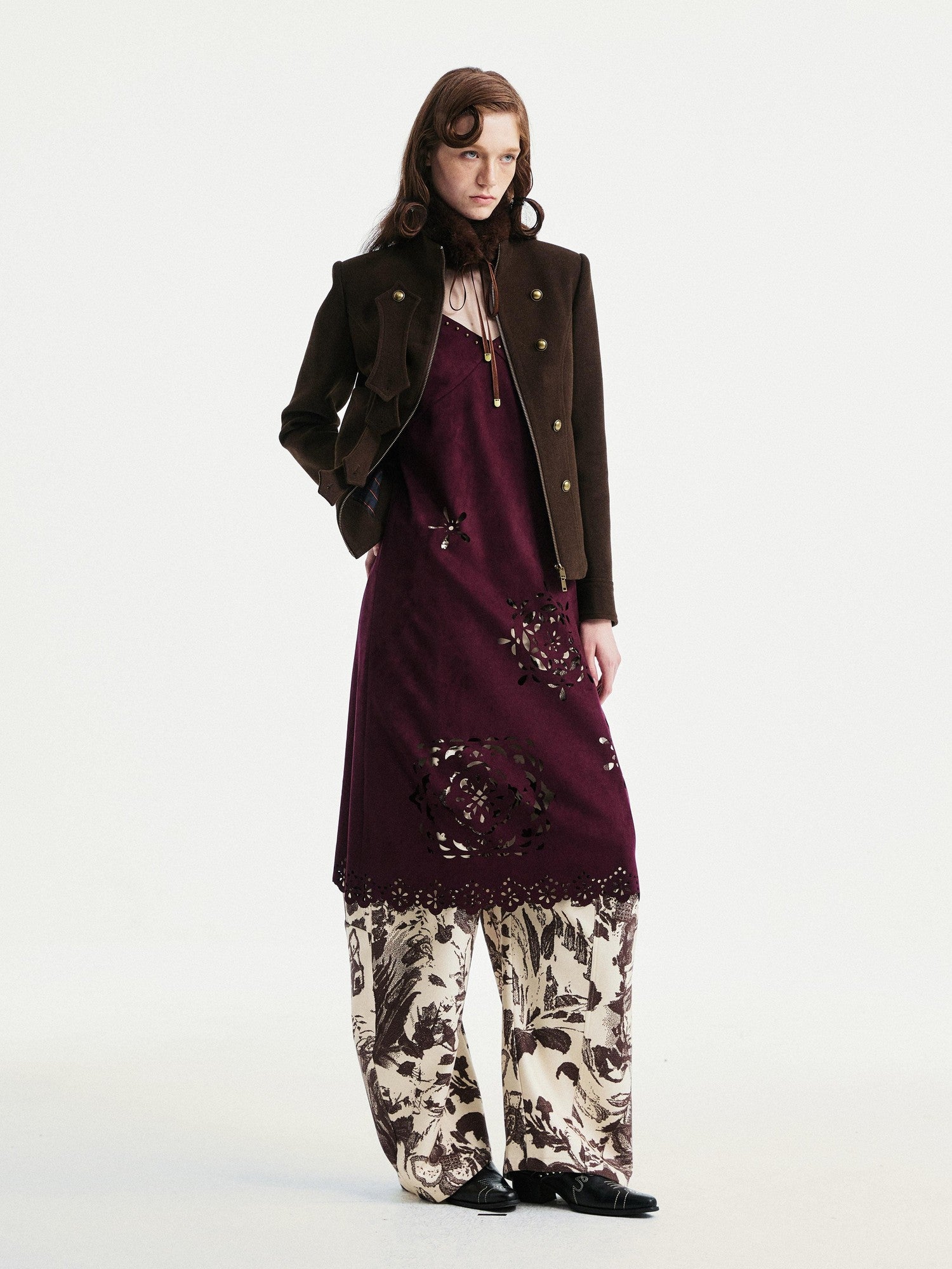 YOSHUYUKI Beige Floral Print Curved Cut Women&