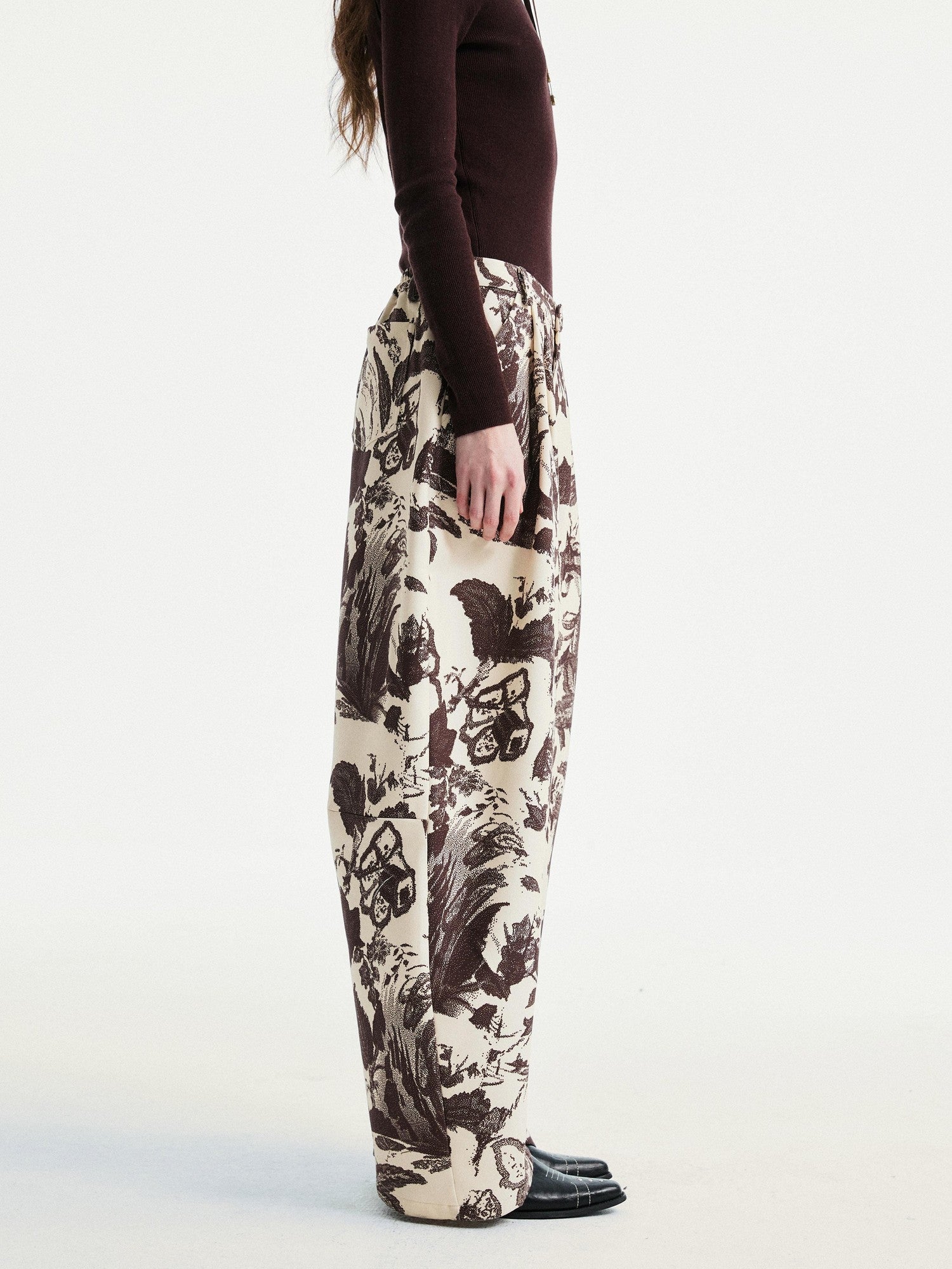 YOSHUYUKI Beige Floral Print Curved Cut Women&