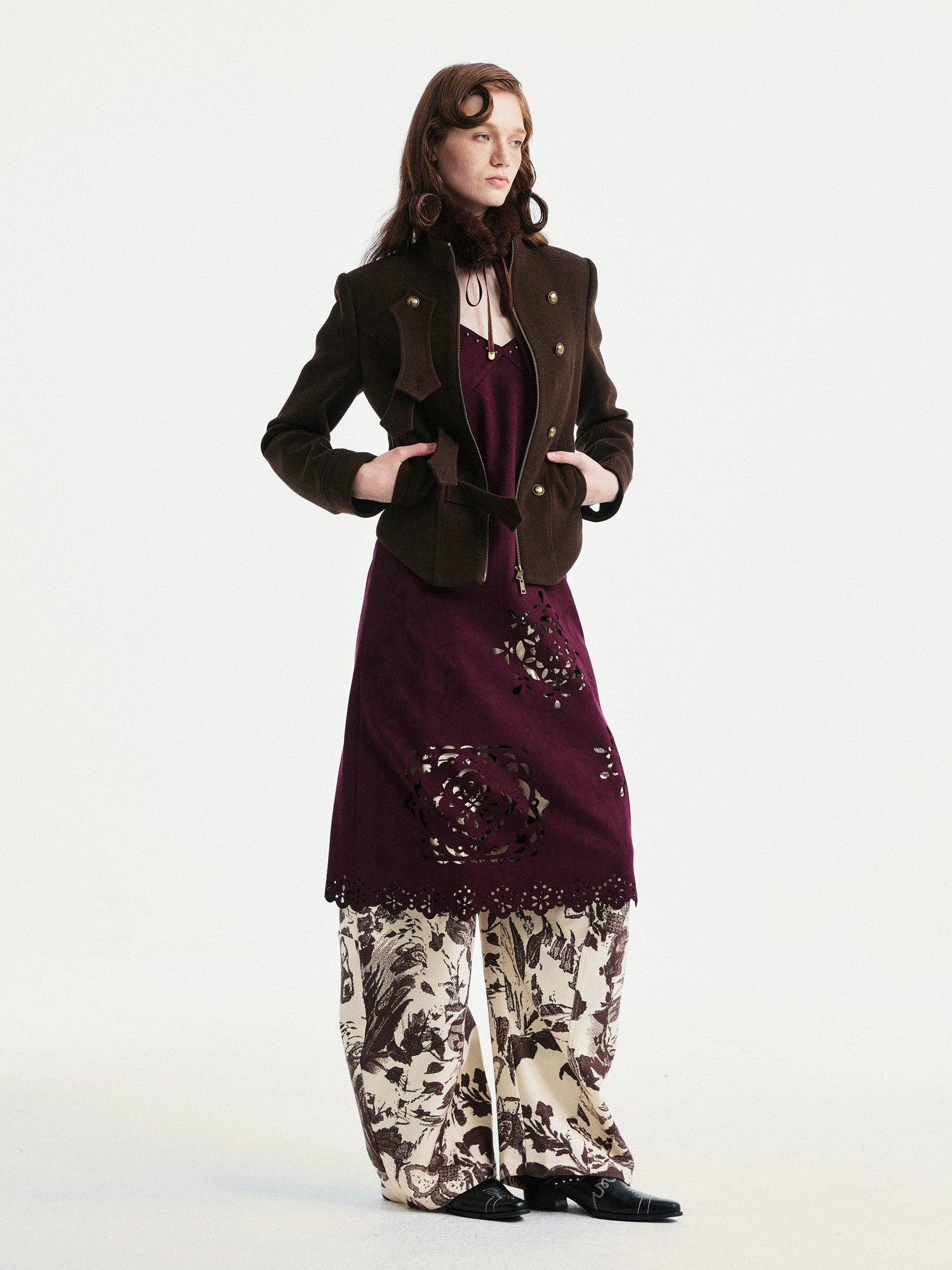 YOSHUYUKI Beige Floral Print Curved Cut Women&