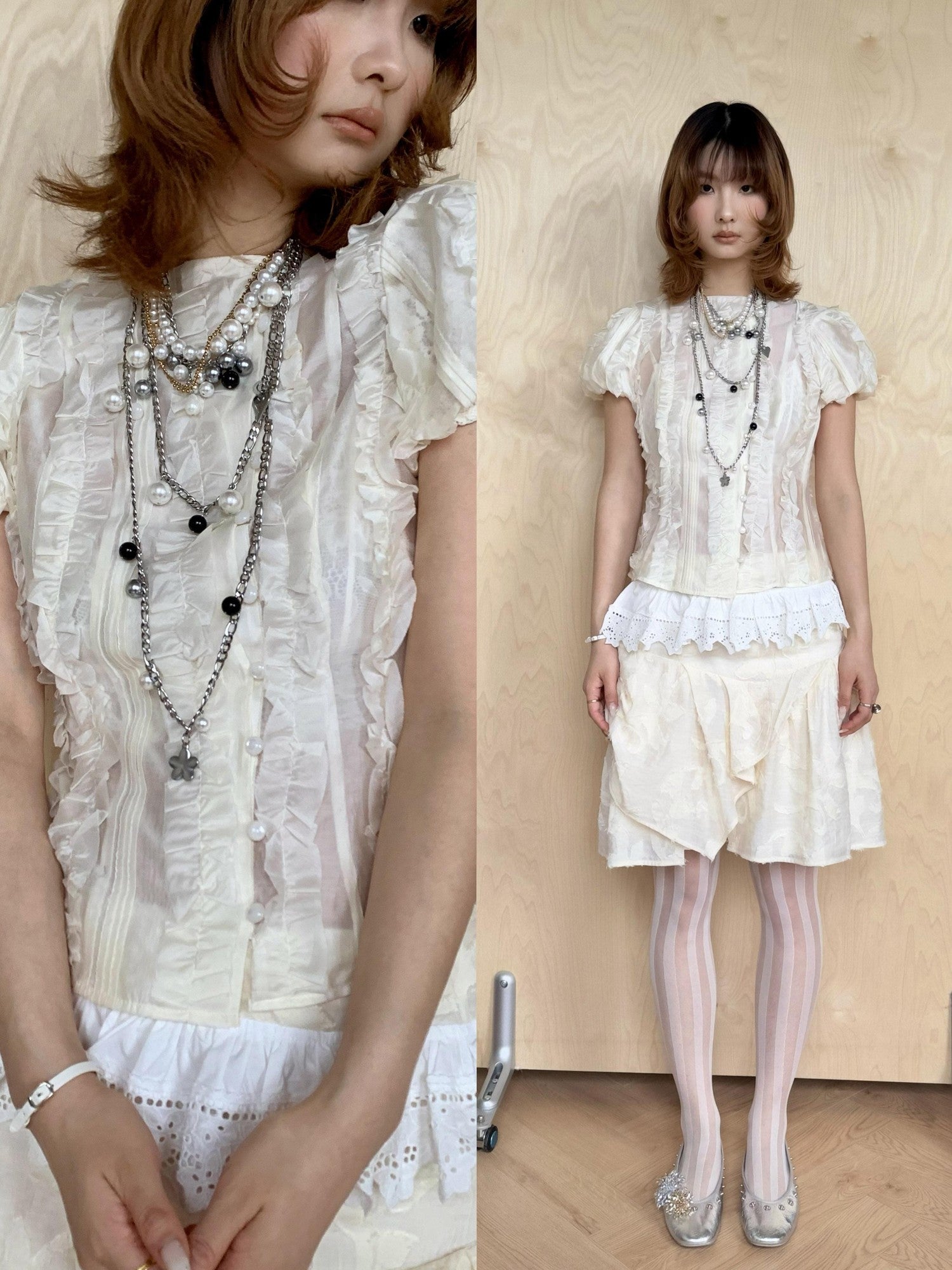 YOSHUYUKI Beige Jacquard Lace Ruffle Irregular Hem A Line Women&