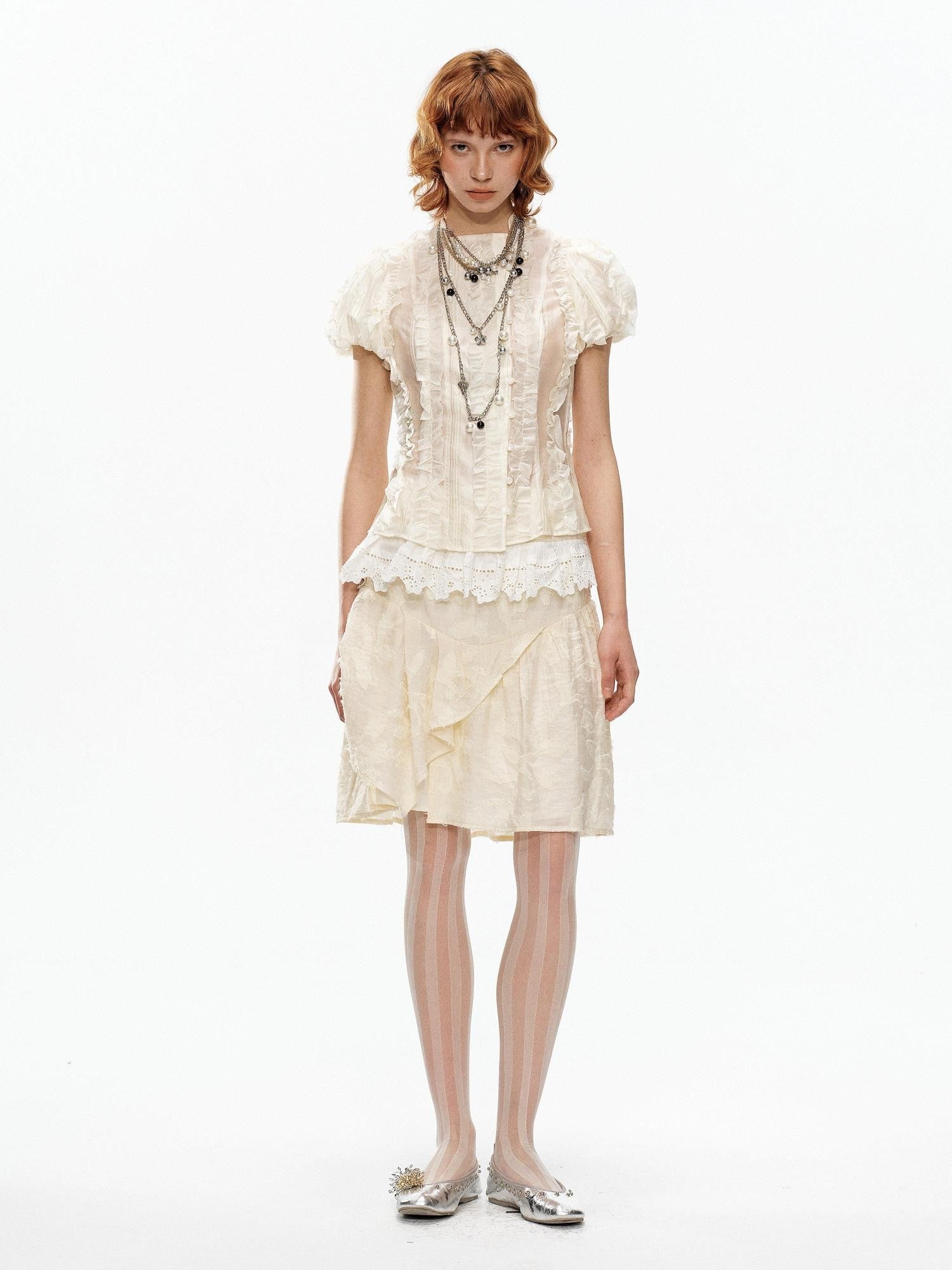 YOSHUYUKI Beige Jacquard Lace Ruffle Irregular Hem A Line Women&