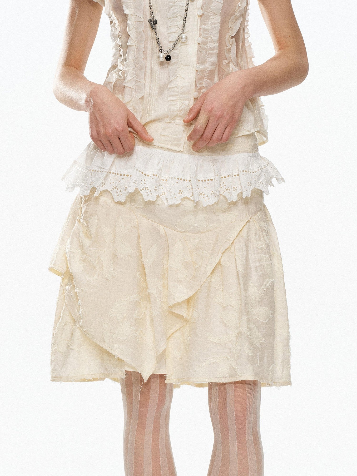 YOSHUYUKI Beige Jacquard Lace Ruffle Irregular Hem A Line Women&