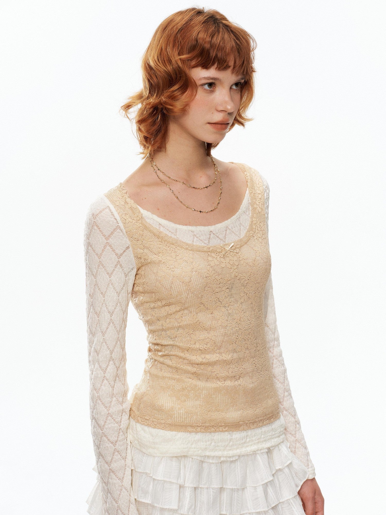 YOSHUYUKI Beige Lace Faux Two Piece Women&