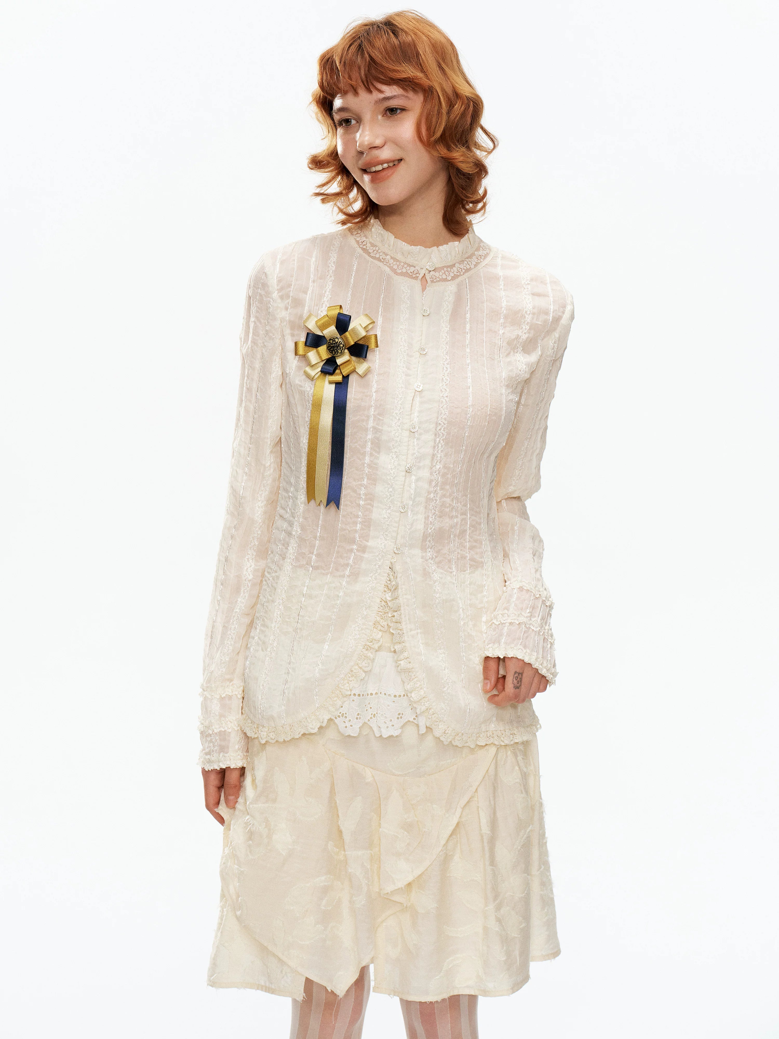 YOSHUYUKI Beige Pleated Texture Lace Spliced Open Front Vintage Court Women&
