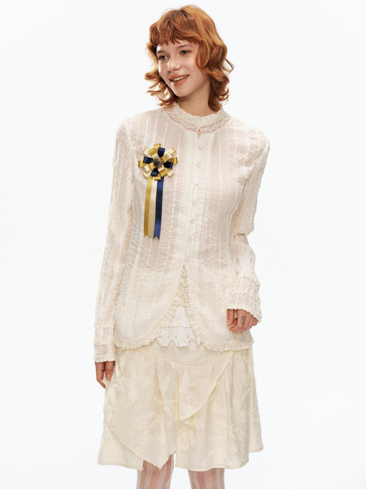YOSHUYUKI Beige Pleated Texture Lace Spliced Open Front Vintage Court Women&