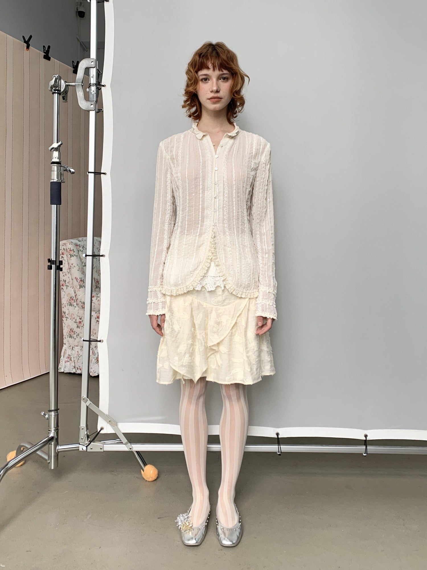 YOSHUYUKI Beige Pleated Texture Lace Spliced Open Front Vintage Court Women&