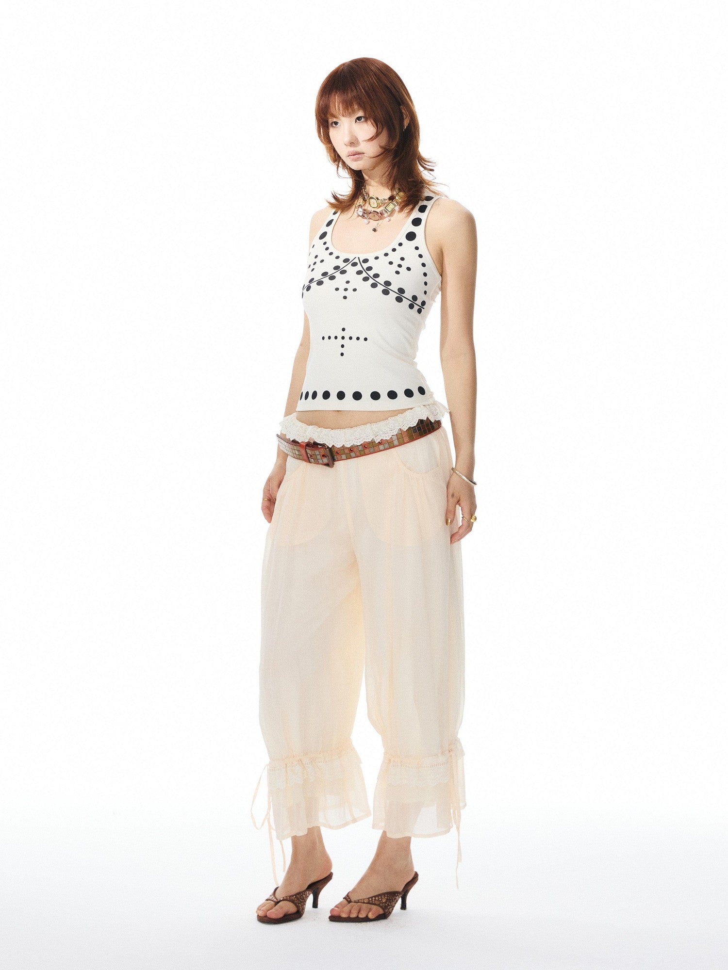 YOSHUYUKI Beige Polka Dot Print Knit U Neck Slim H Silhouette Women&