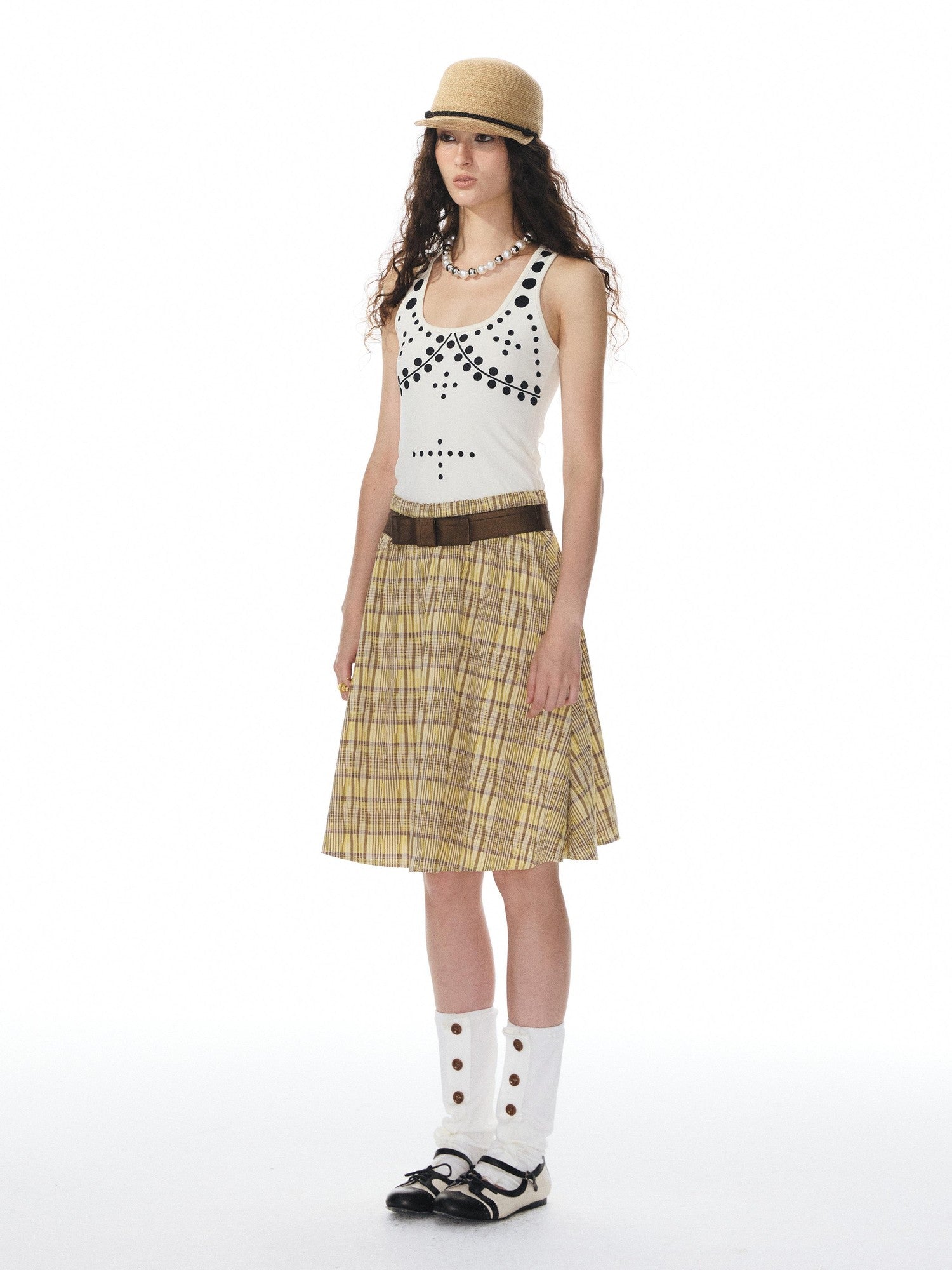 YOSHUYUKI Beige Polka Dot Print Knit U Neck Slim H Silhouette Women&
