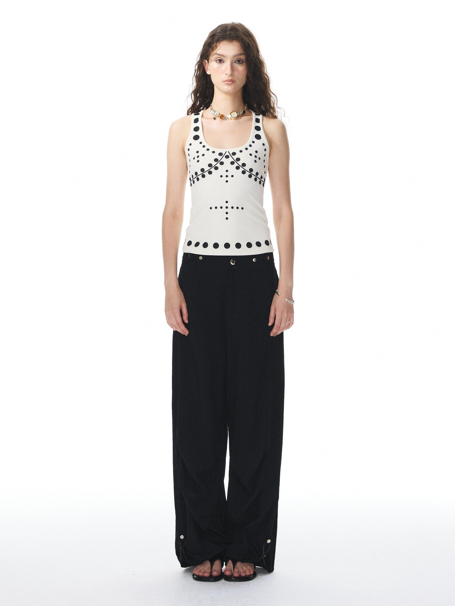 YOSHUYUKI Beige Polka Dot Print Knit U Neck Slim H Silhouette Women&