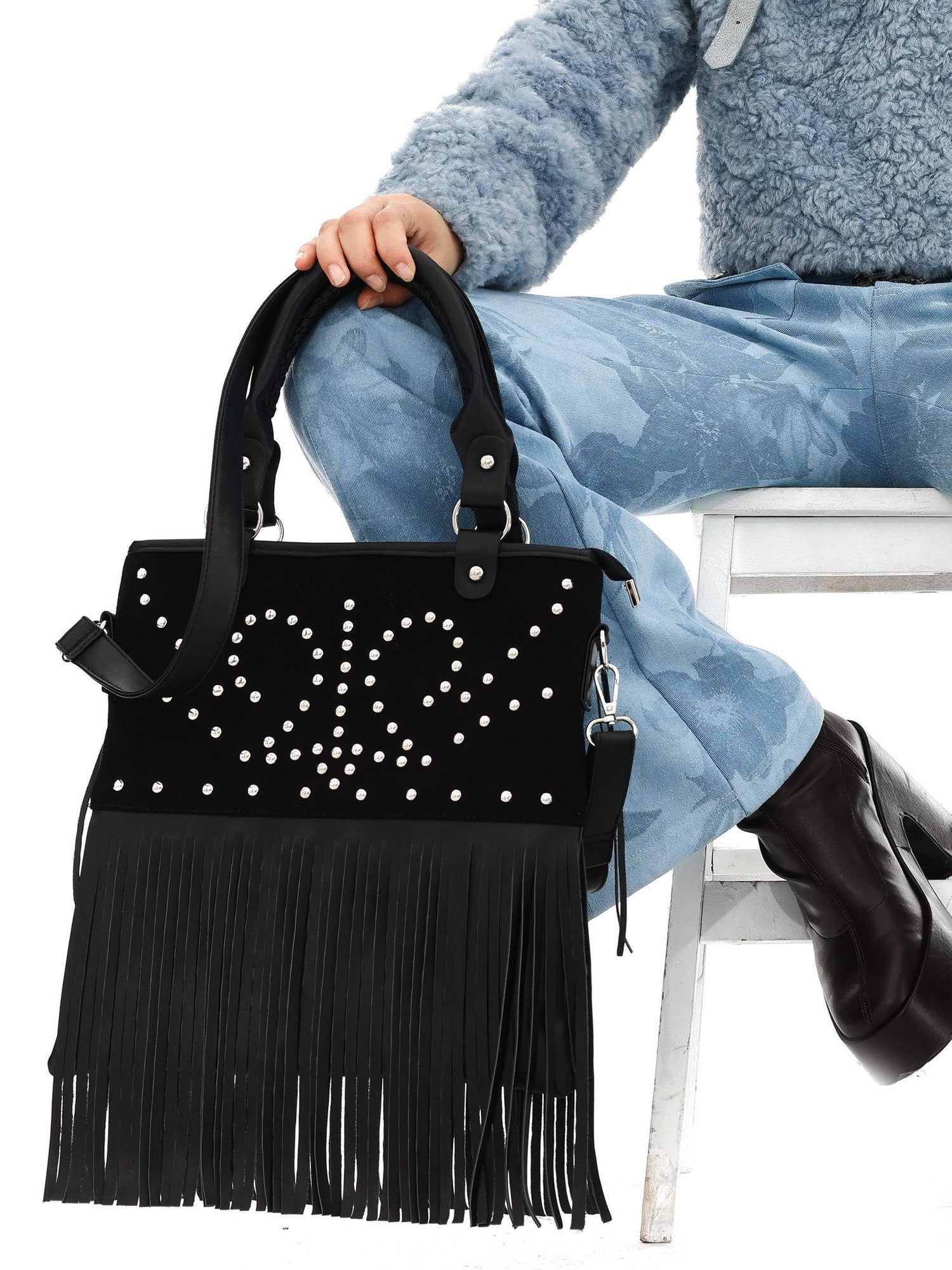YOSHUYUKI Black Brown Two Tone Vintage Stud Geometric Tassel Punk Women&