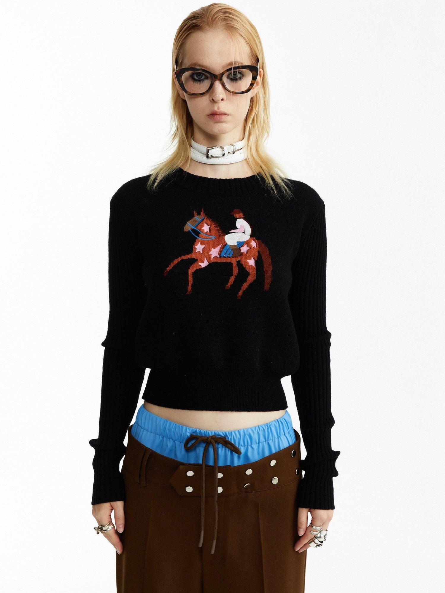 YOSHUYUKI Black Jacquard Equestrian Animal Knitted Women&
