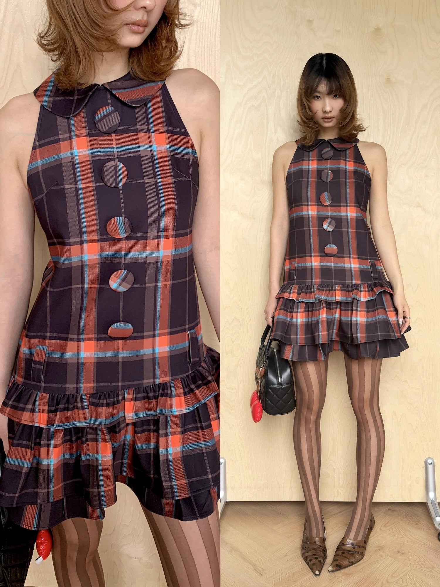 YOSHUYUKI Black Orange Plaid Vintage A Line Women&