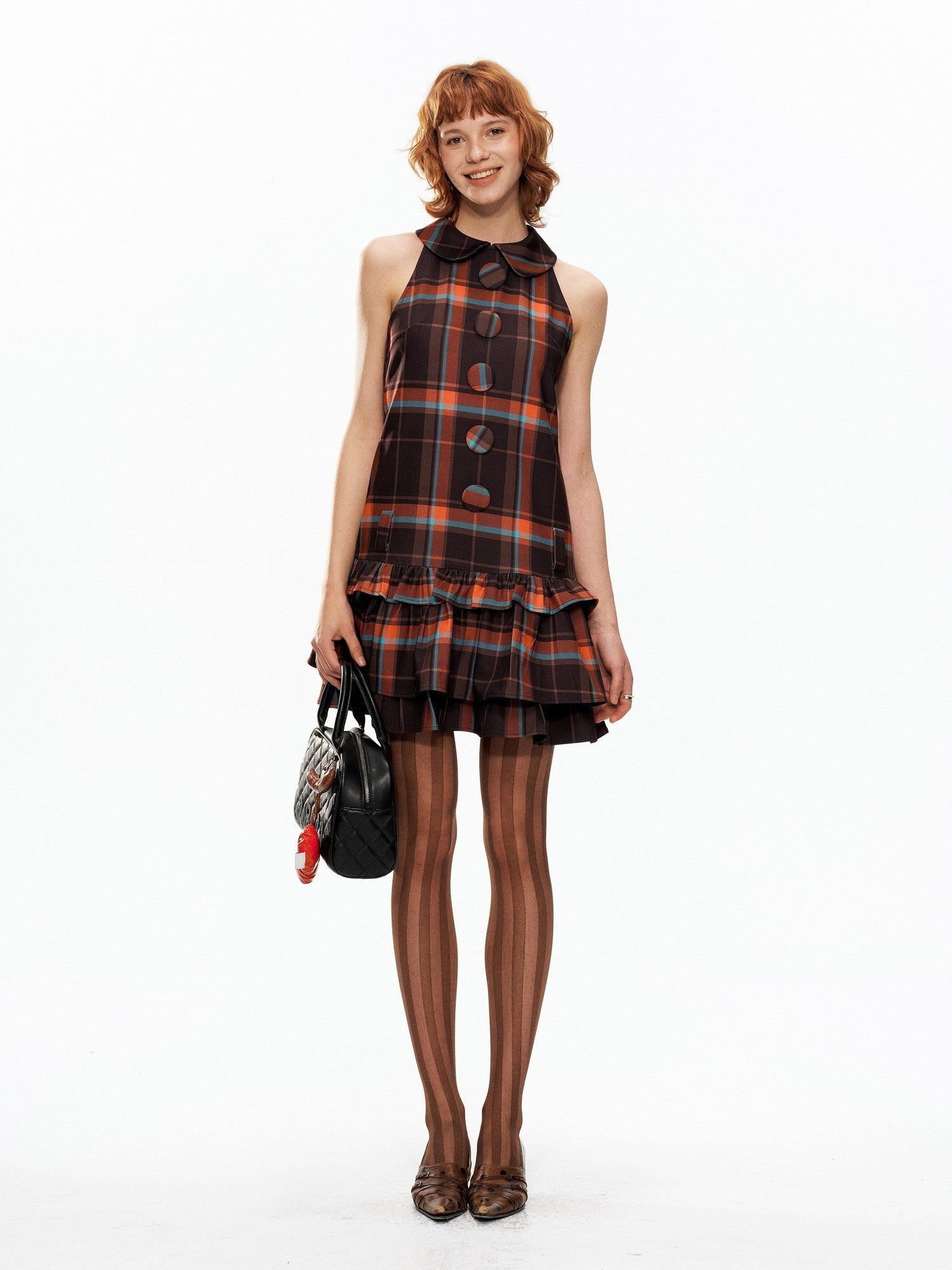 YOSHUYUKI Black Orange Plaid Vintage A Line Women&