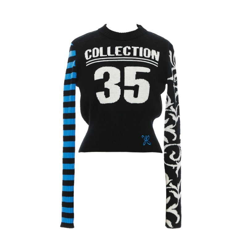 YOSHUYUKI_Blue_Black_Jacquard_Number_Print_Retro_Women&