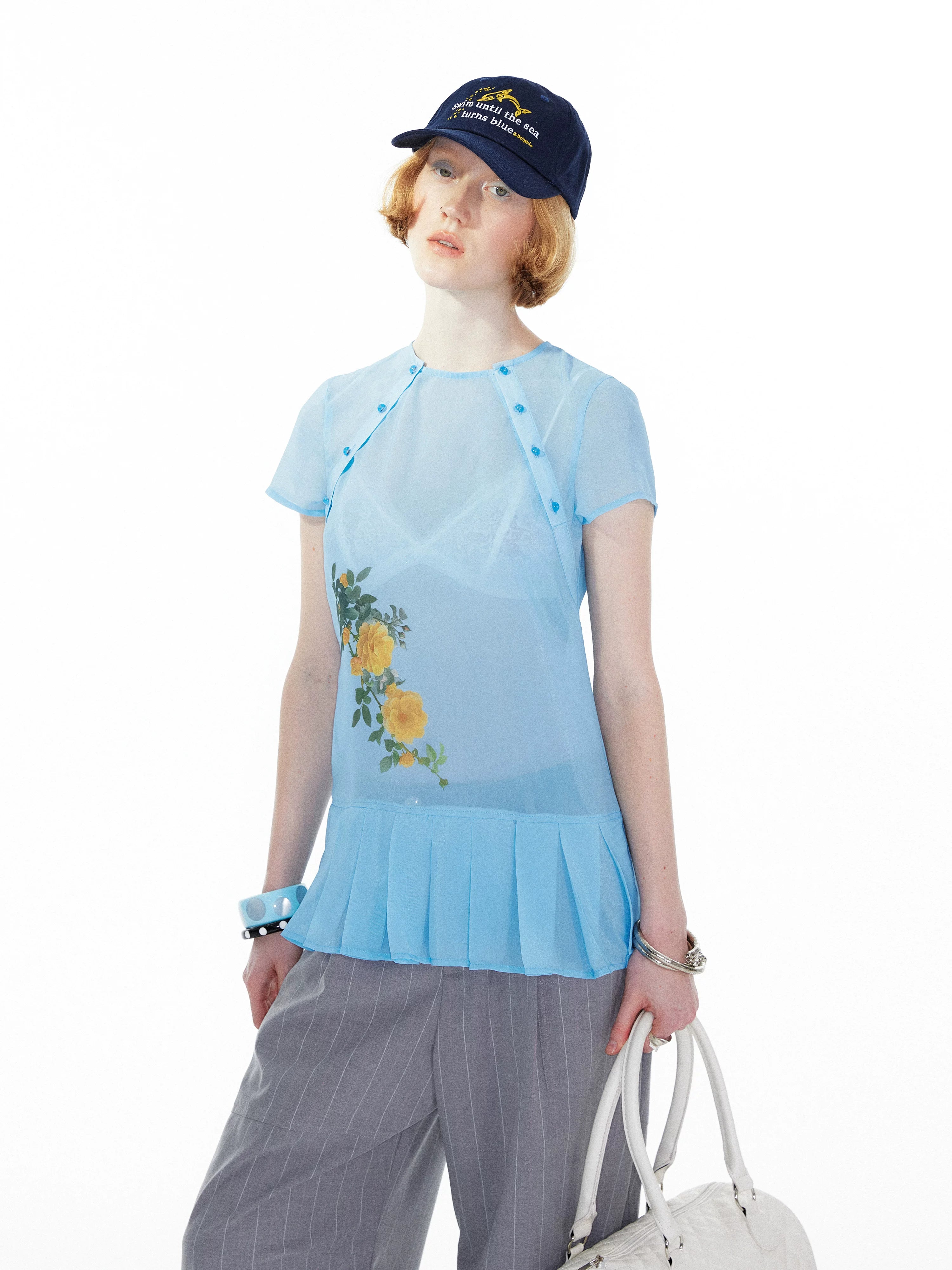 YOSHUYUKI Blue Floral Chiffon Blouse With Pleated Hem-1