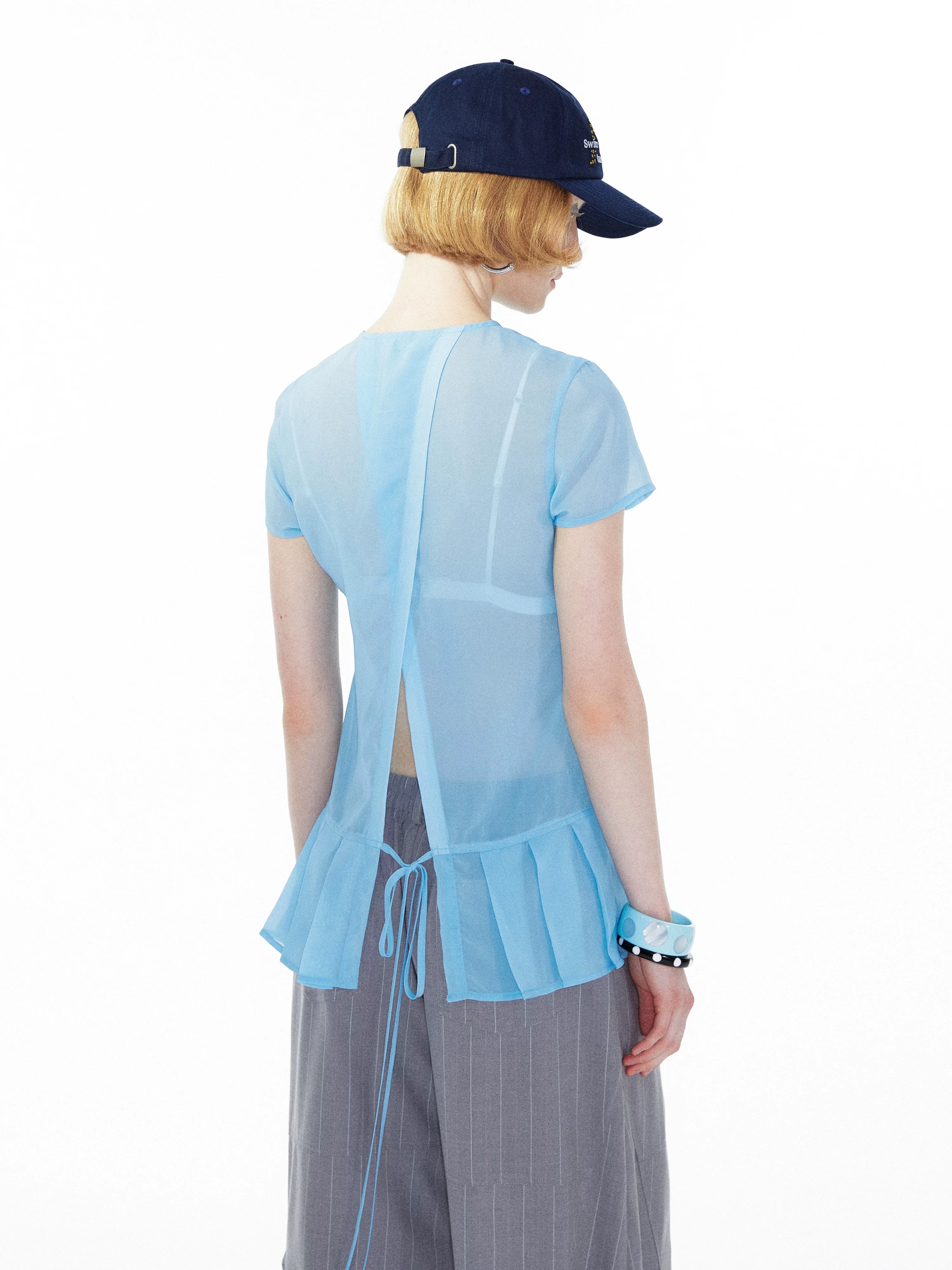 YOSHUYUKI Blue Floral Chiffon Blouse With Pleated Hem-2
