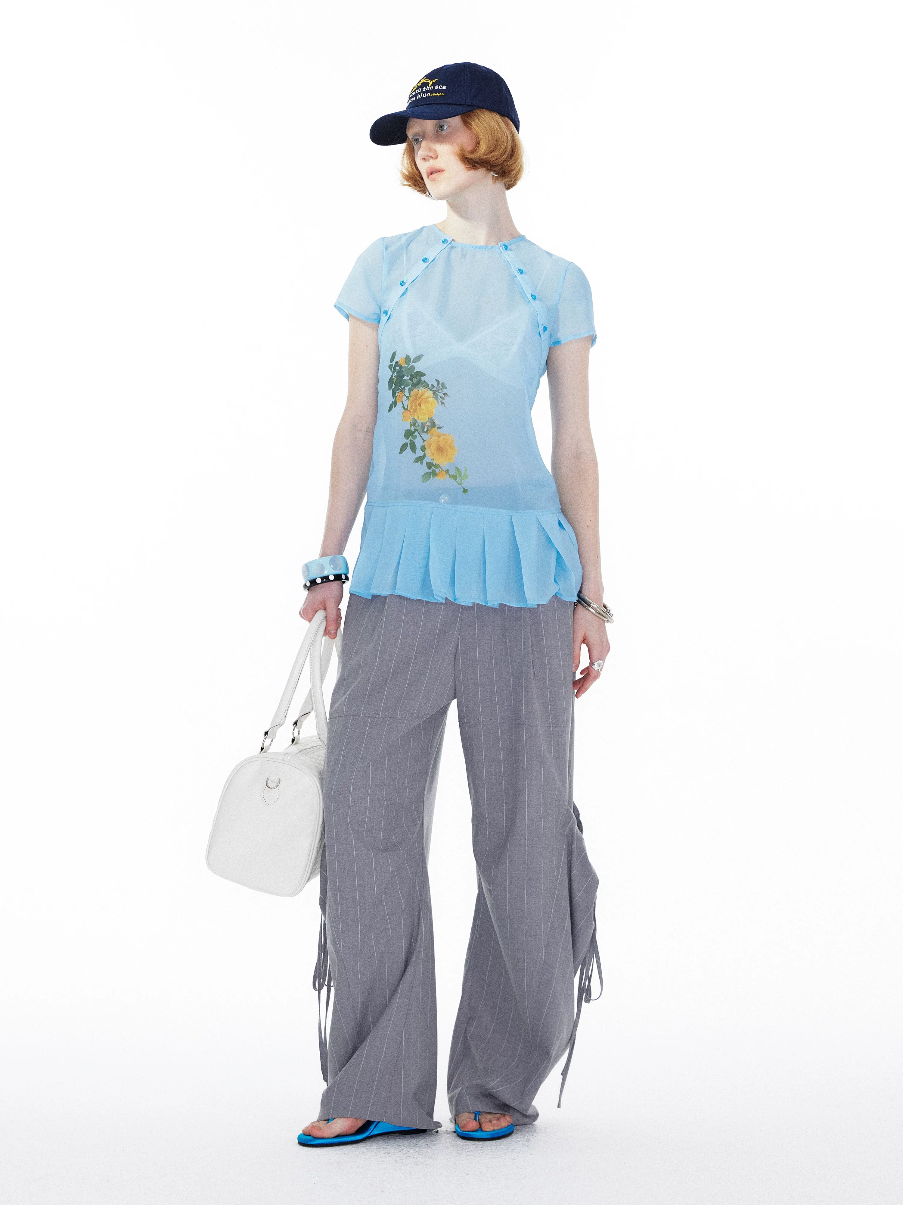 YOSHUYUKI Blue Floral Chiffon Blouse With Pleated Hem-3