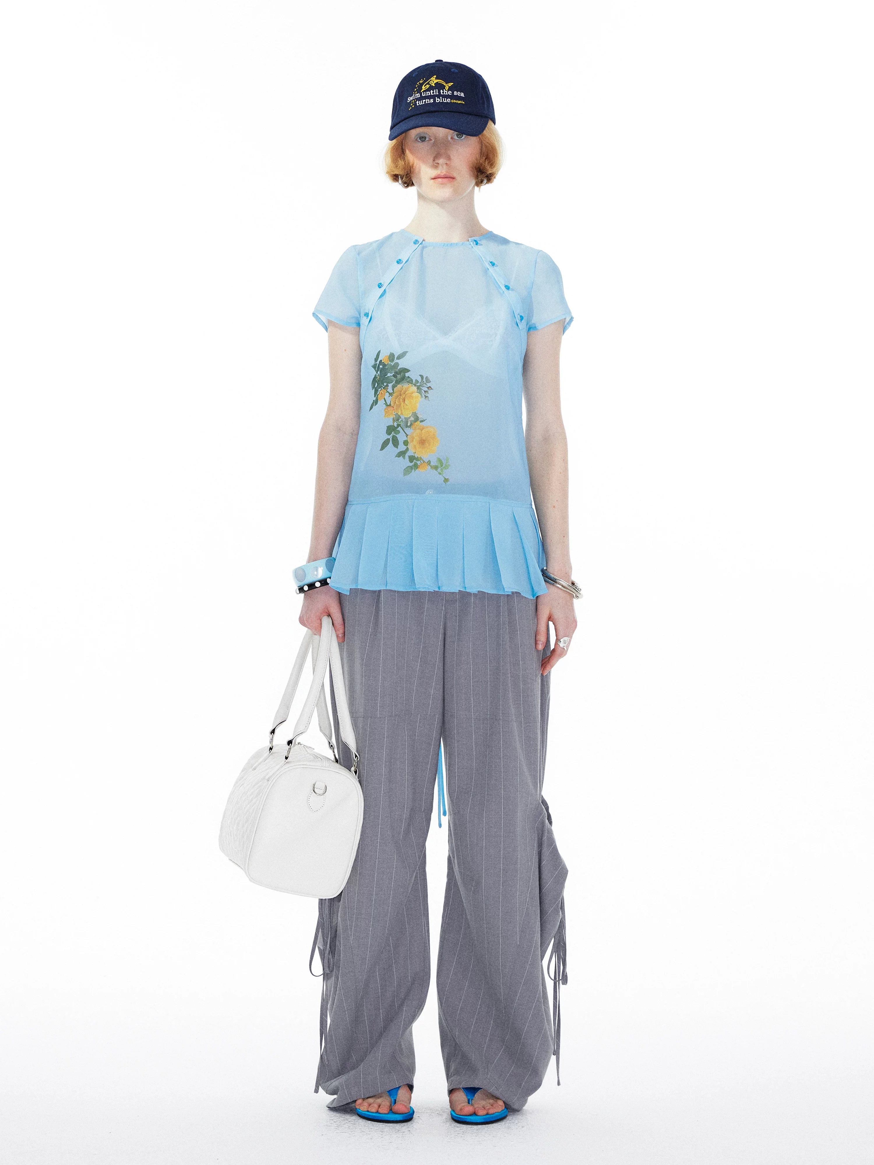 YOSHUYUKI Blue Floral Chiffon Blouse With Pleated Hem-4