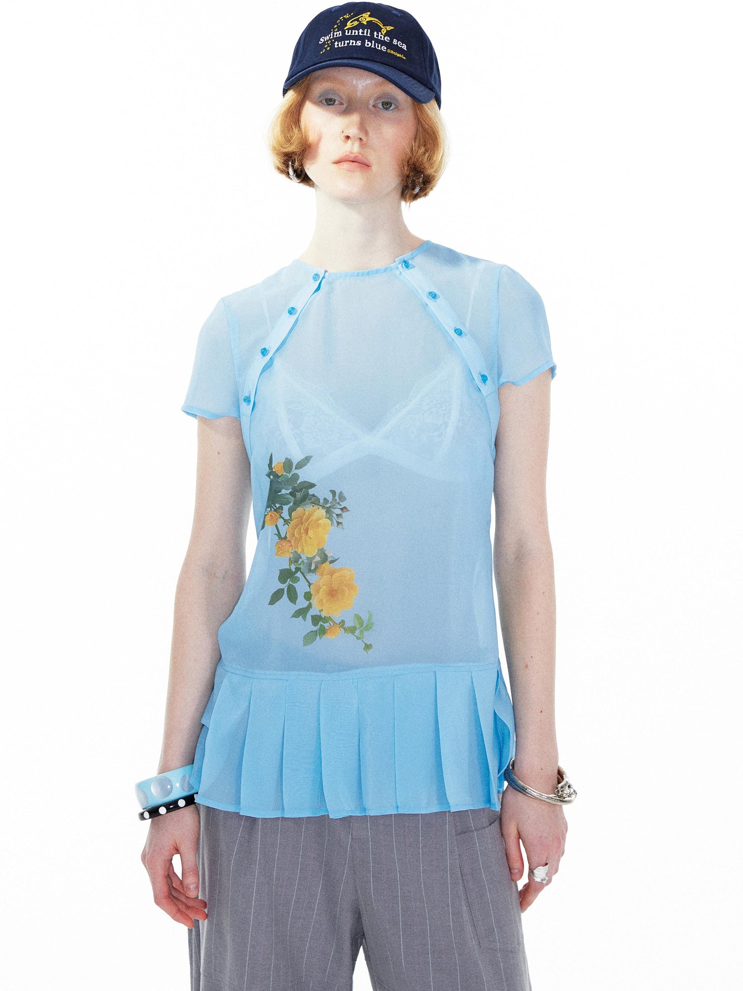 YOSHUYUKI Blue Floral Chiffon Blouse With Pleated Hem