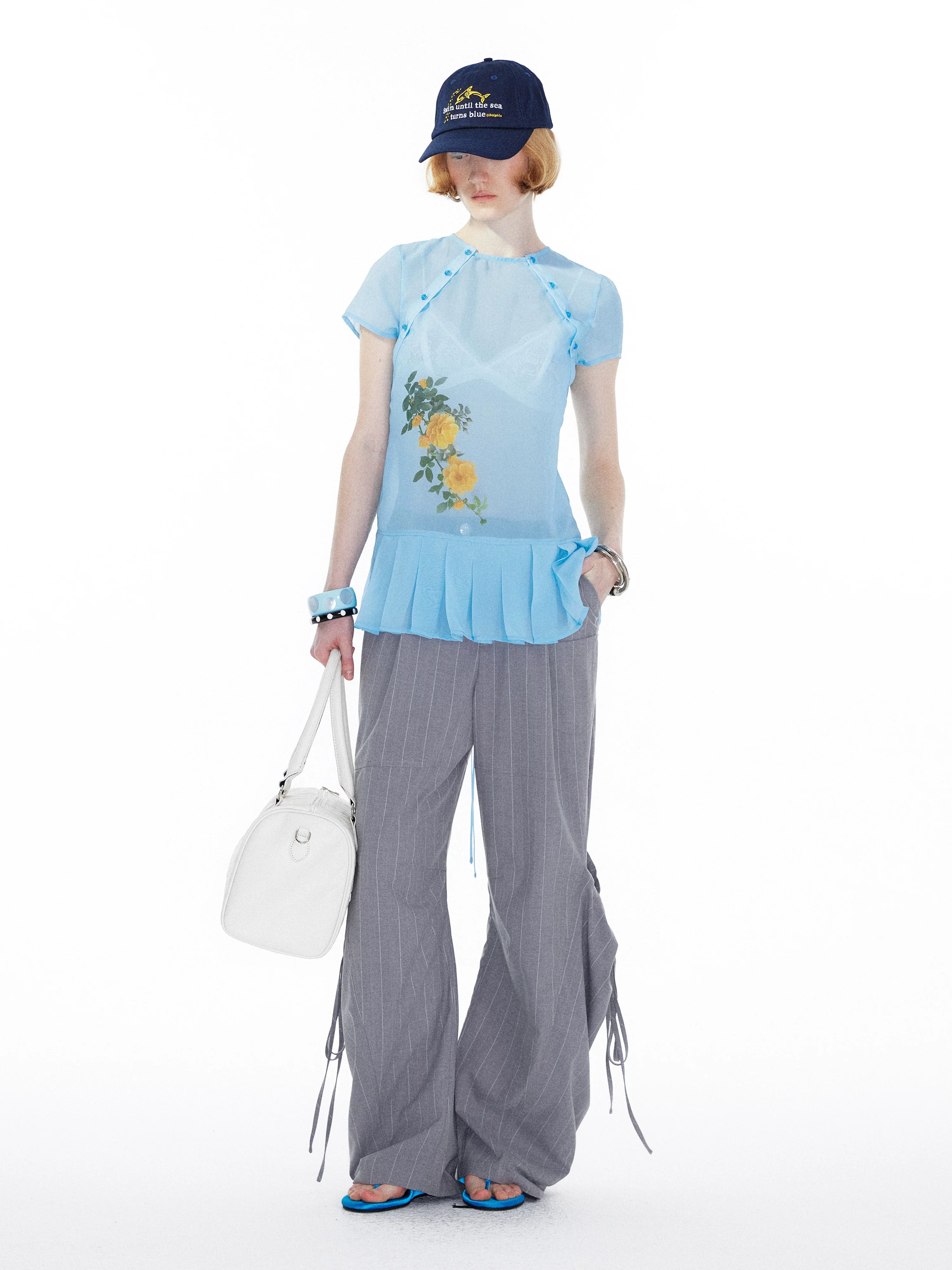 YOSHUYUKI Blue Floral Chiffon Blouse With Pleated Hem-5