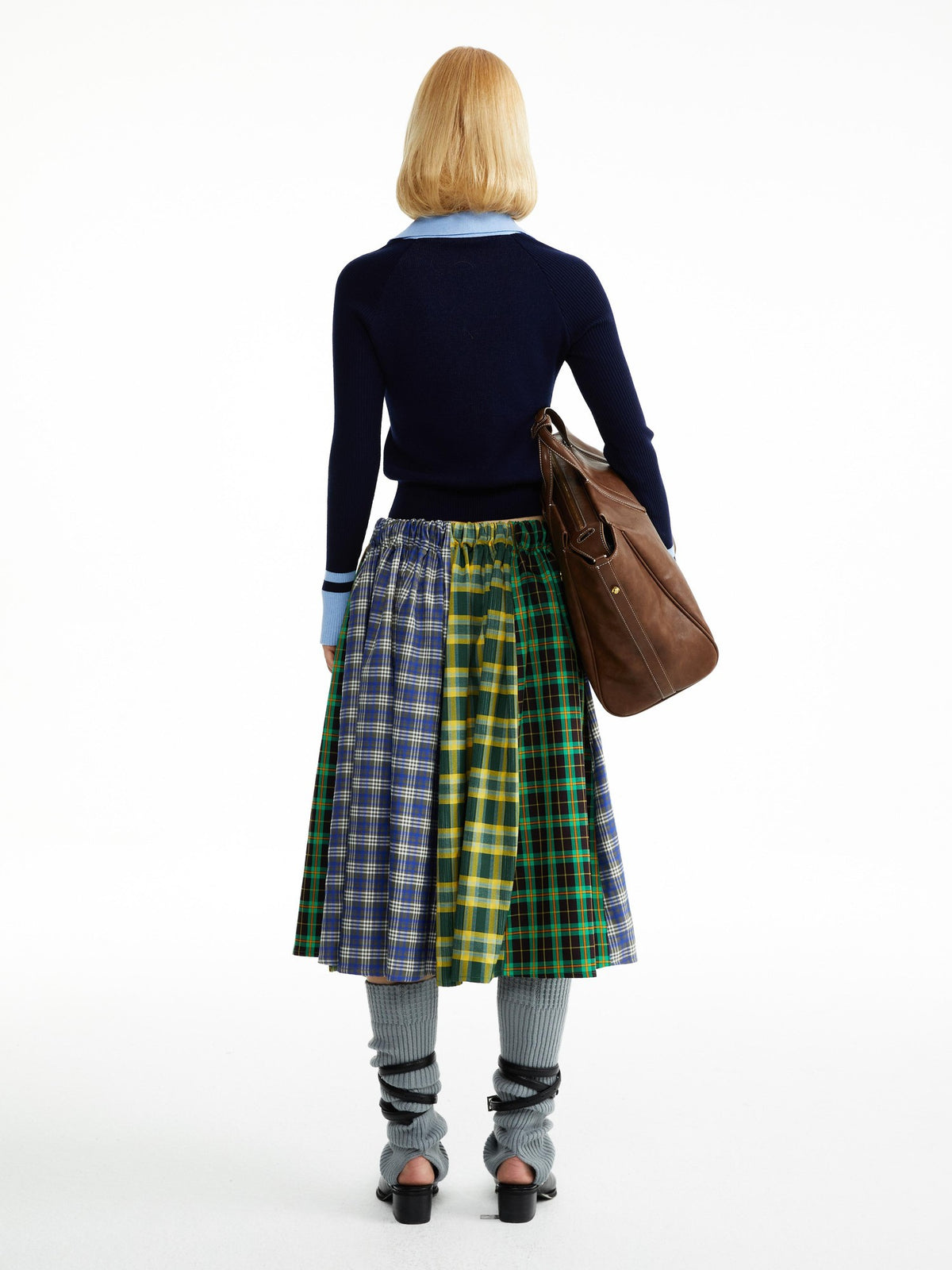YOSHUYUKI Blue Green Plaid Ruched Spliced Women&