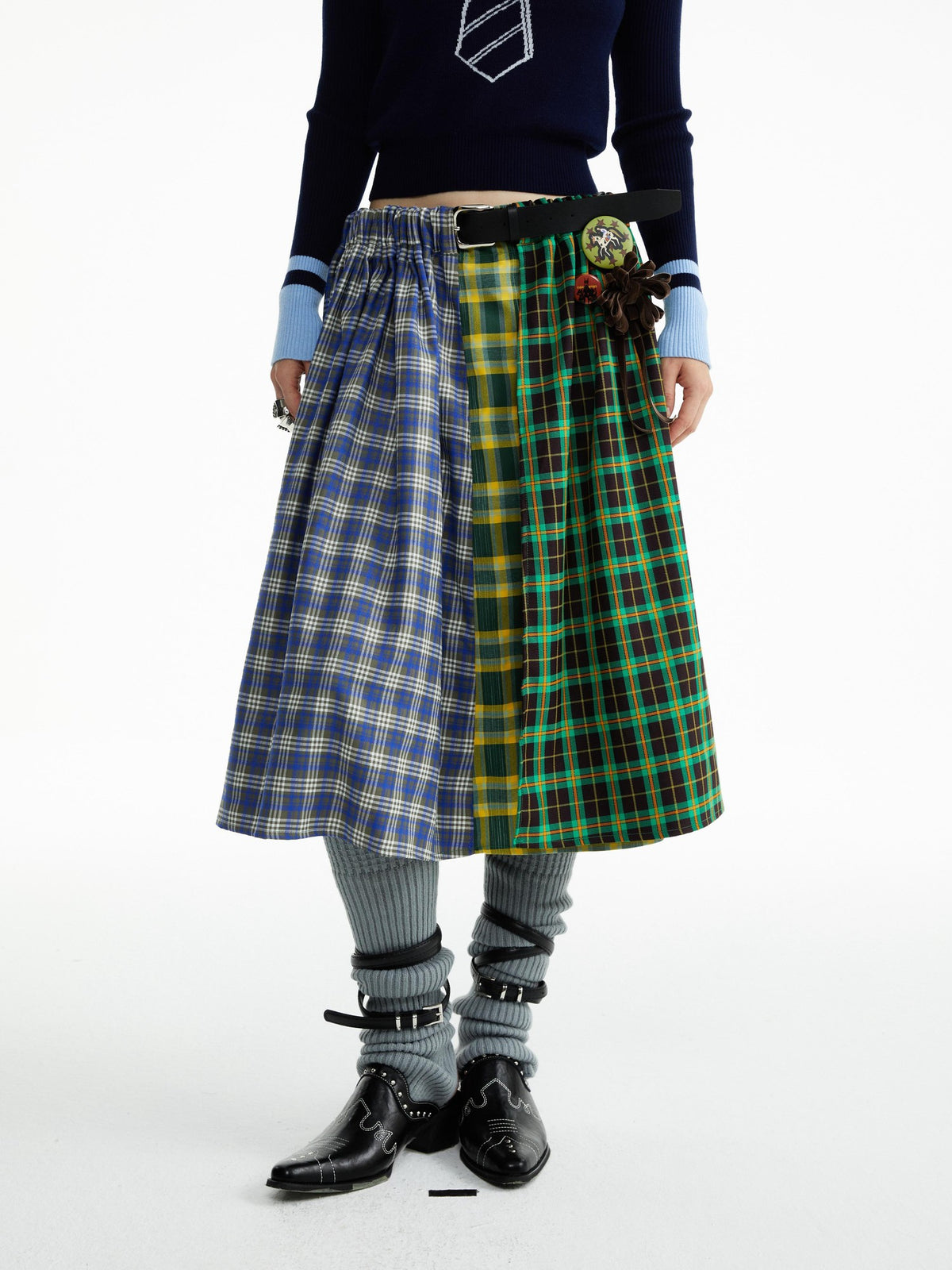 YOSHUYUKI Blue Green Plaid Ruched Spliced Women&
