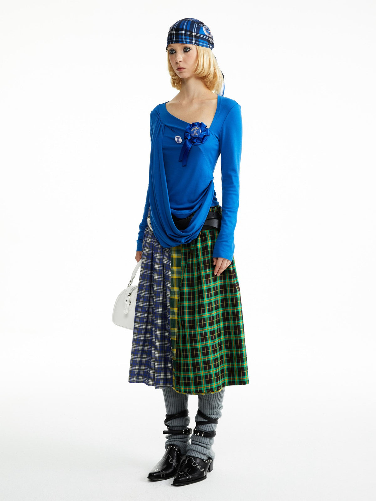 YOSHUYUKI Blue Green Plaid Ruched Spliced Women&