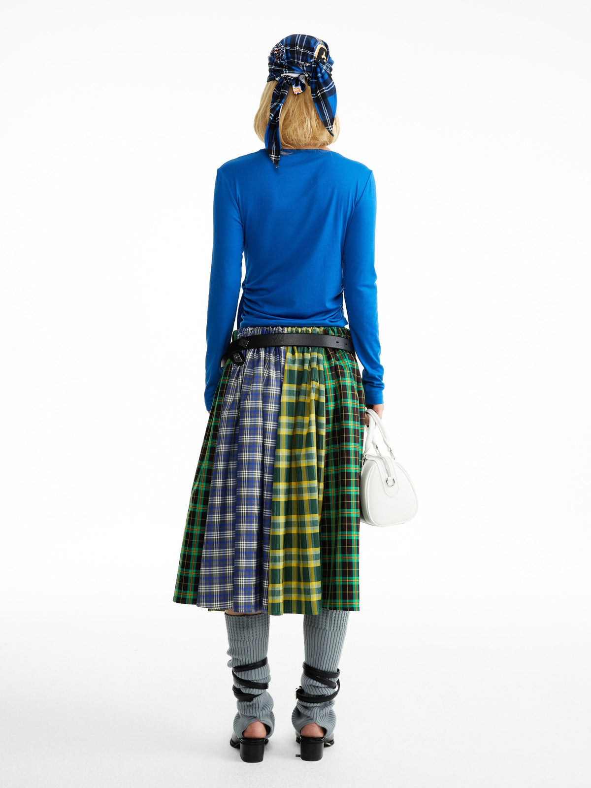 YOSHUYUKI Blue Green Plaid Ruched Spliced Women&
