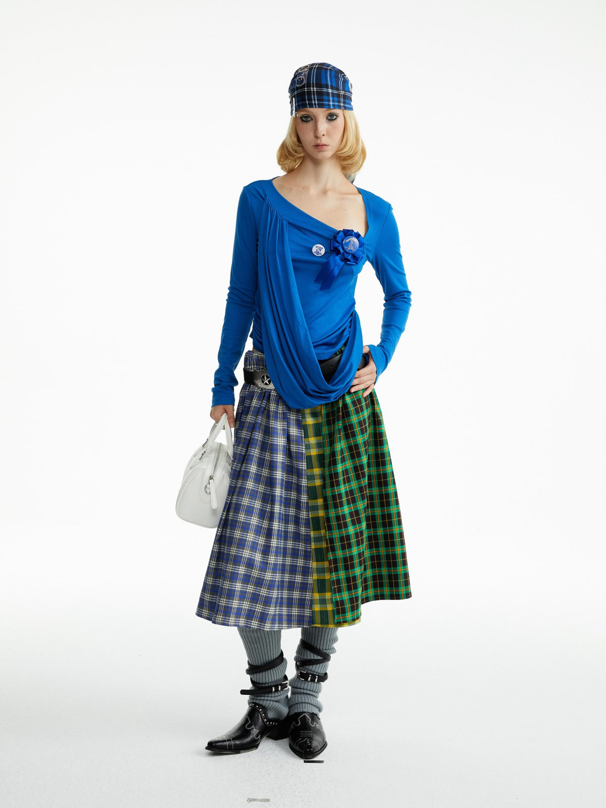 YOSHUYUKI Blue Green Plaid Ruched Spliced Women&